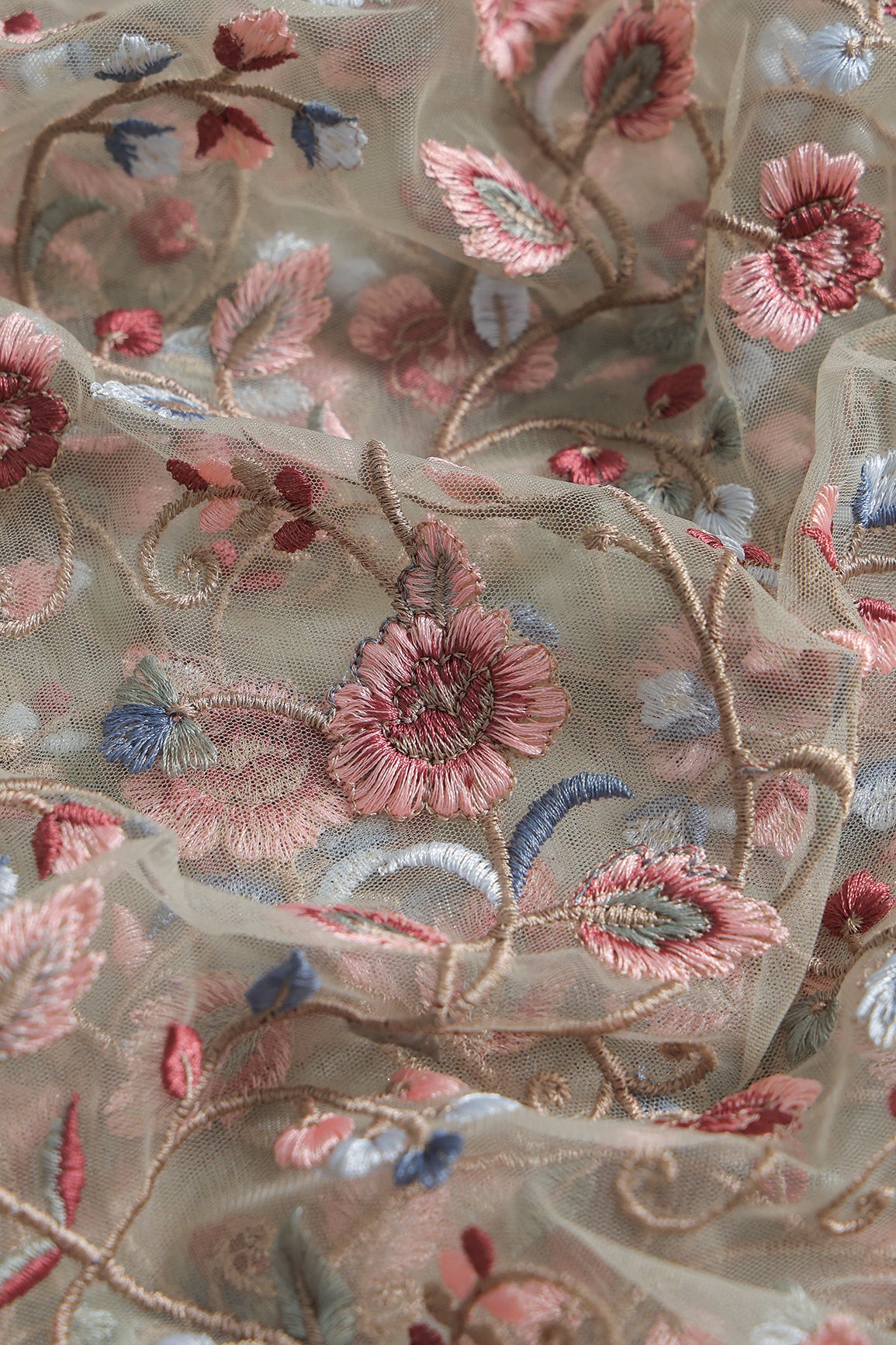 Multi Colour Floral Thread Embroidery Work On Olive Soft Net Fabric