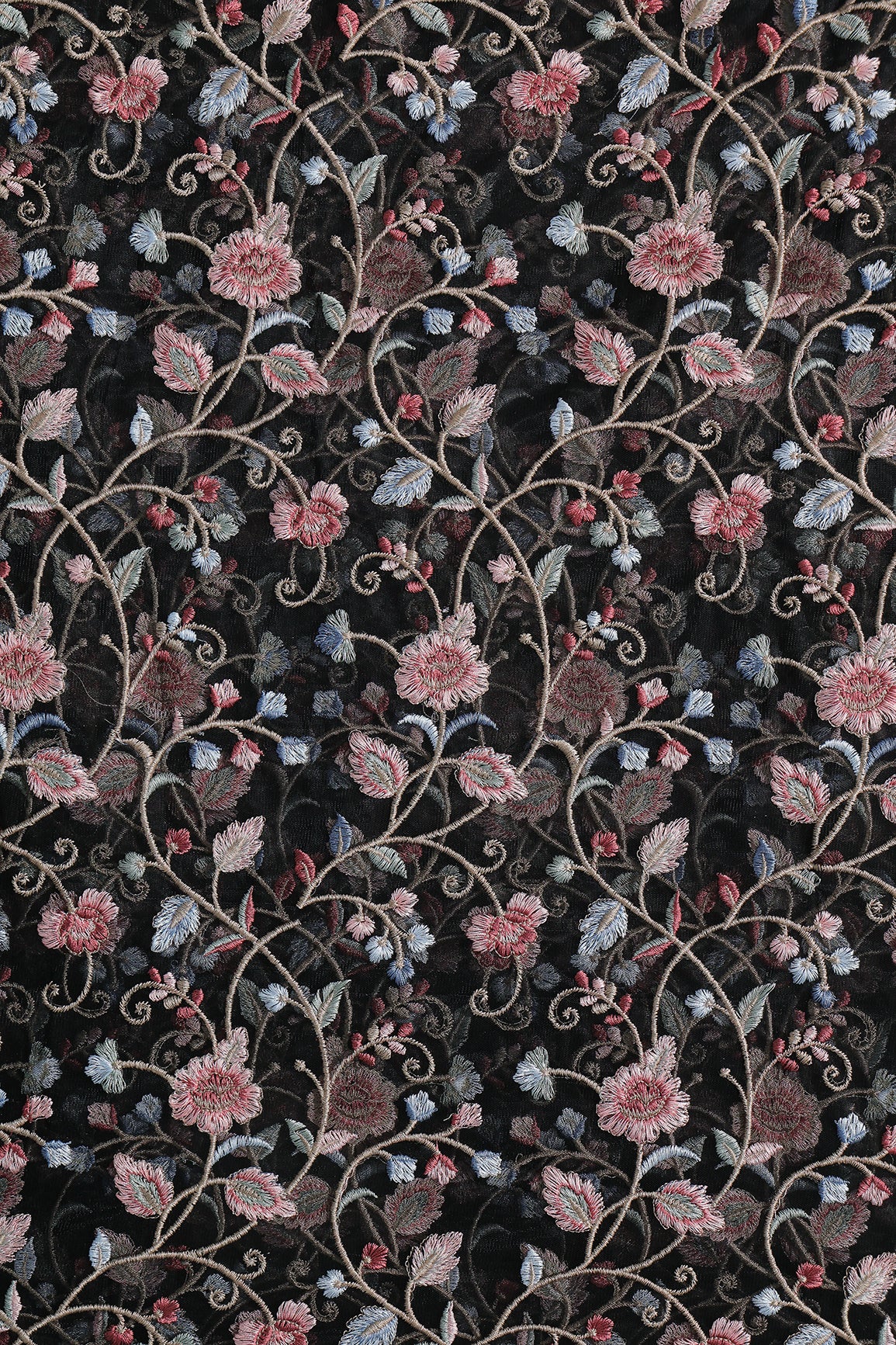 Multi Colour Floral Thread Embroidery Work On Black Soft Net Fabric