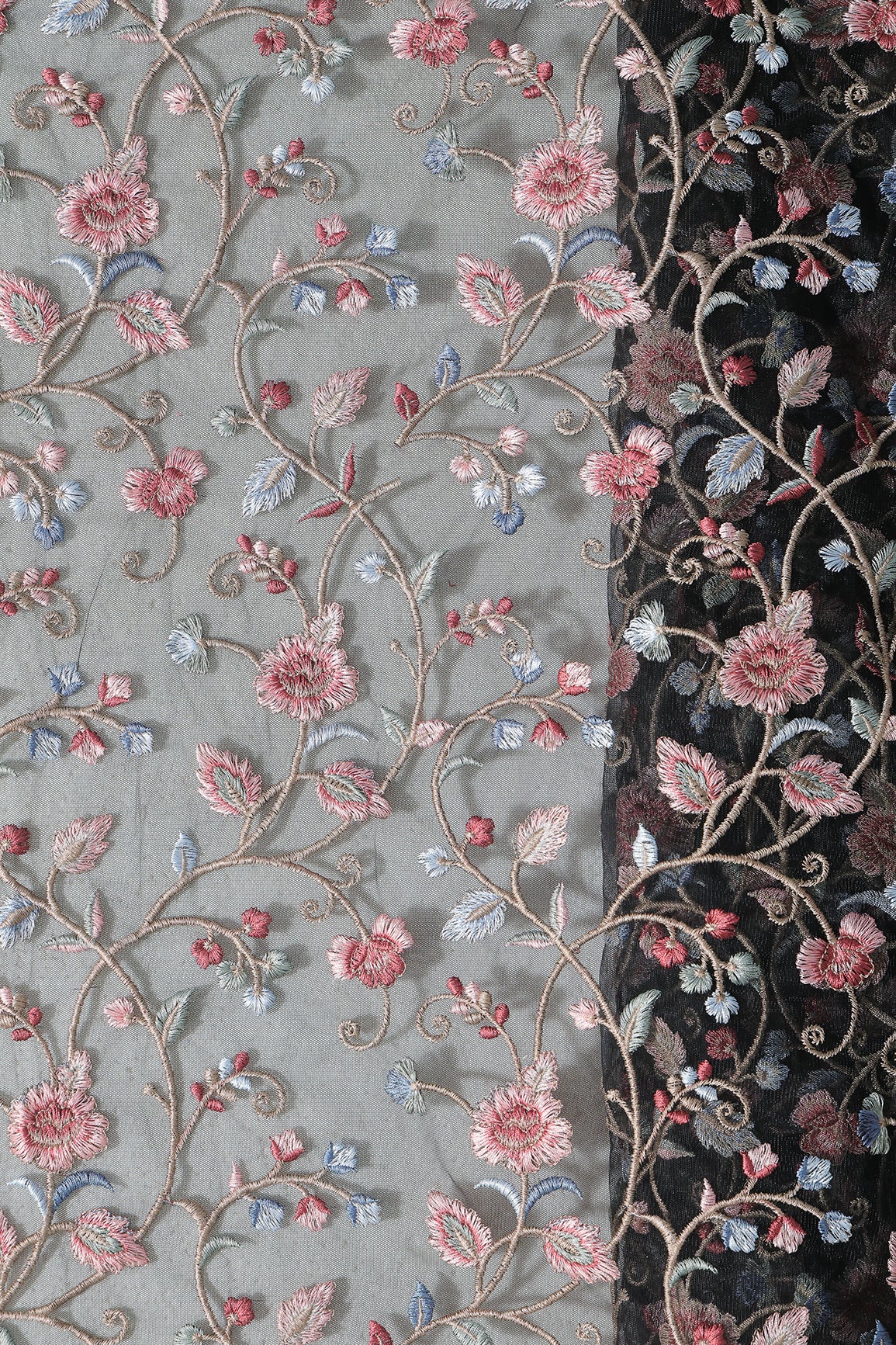 Multi Colour Floral Thread Embroidery Work On Black Soft Net Fabric