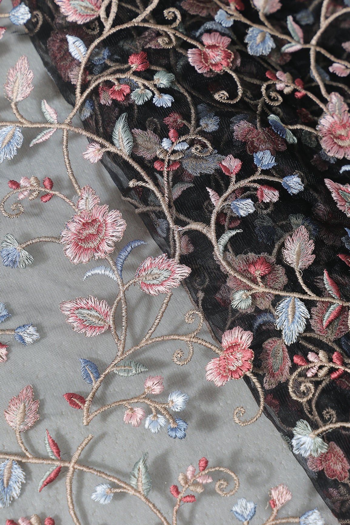 Multi Colour Floral Thread Embroidery Work On Black Soft Net Fabric