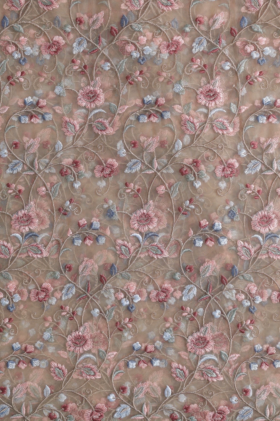 Multi Colour Floral Thread Embroidery Work On Beige Soft Net Fabric