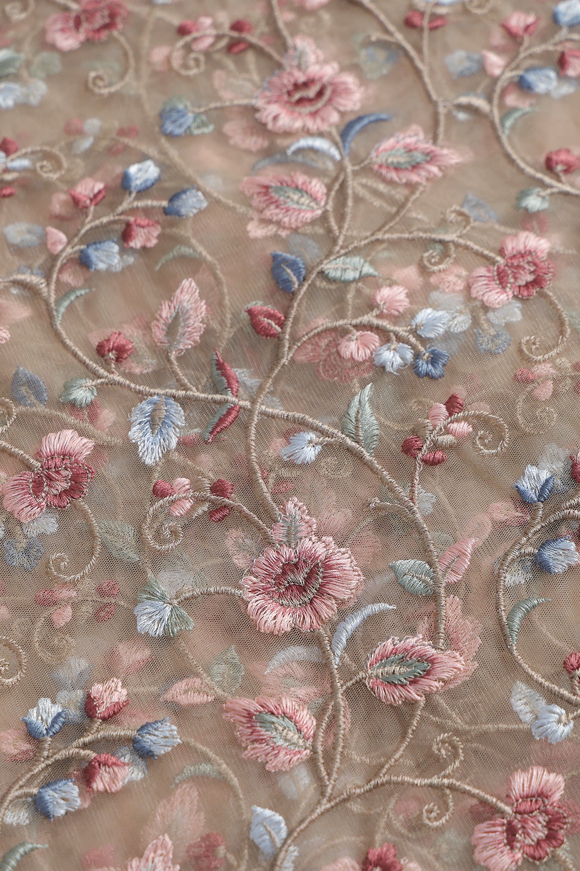 Multi Colour Floral Thread Embroidery Work On Beige Soft Net Fabric