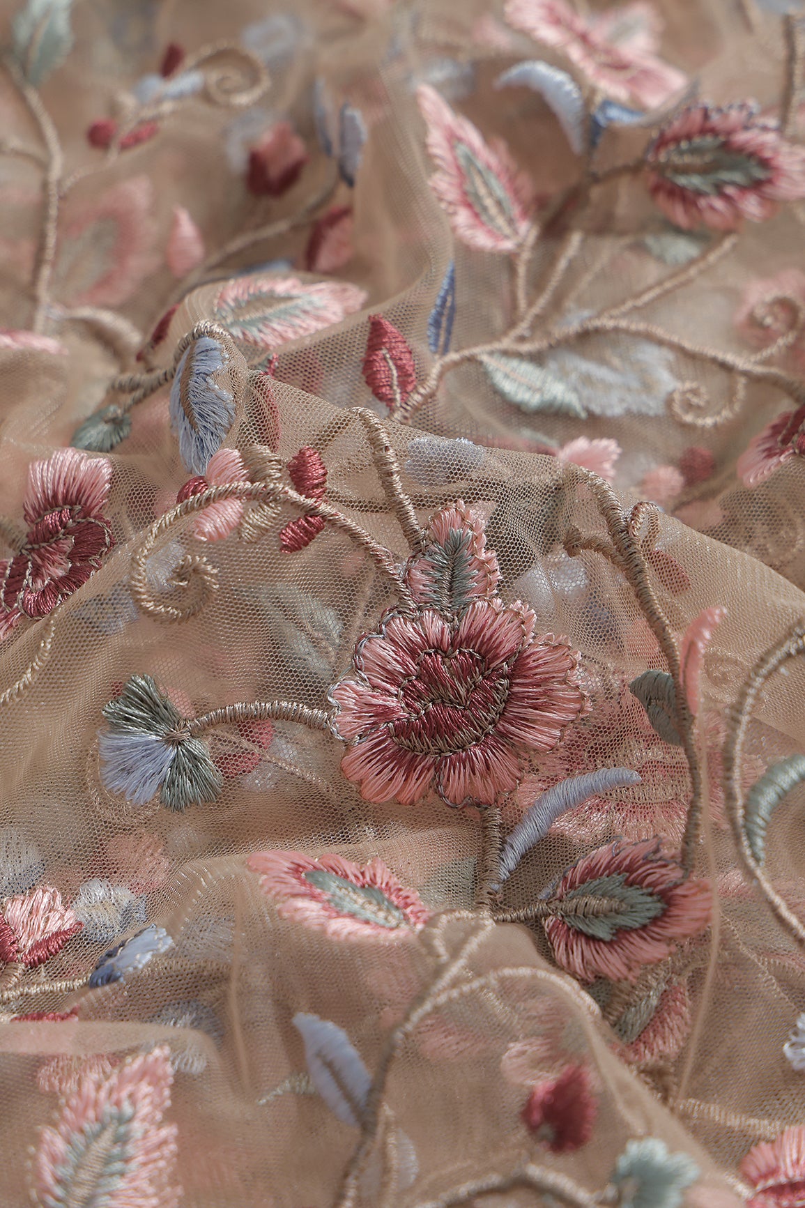 Multi Colour Floral Thread Embroidery Work On Beige Soft Net Fabric