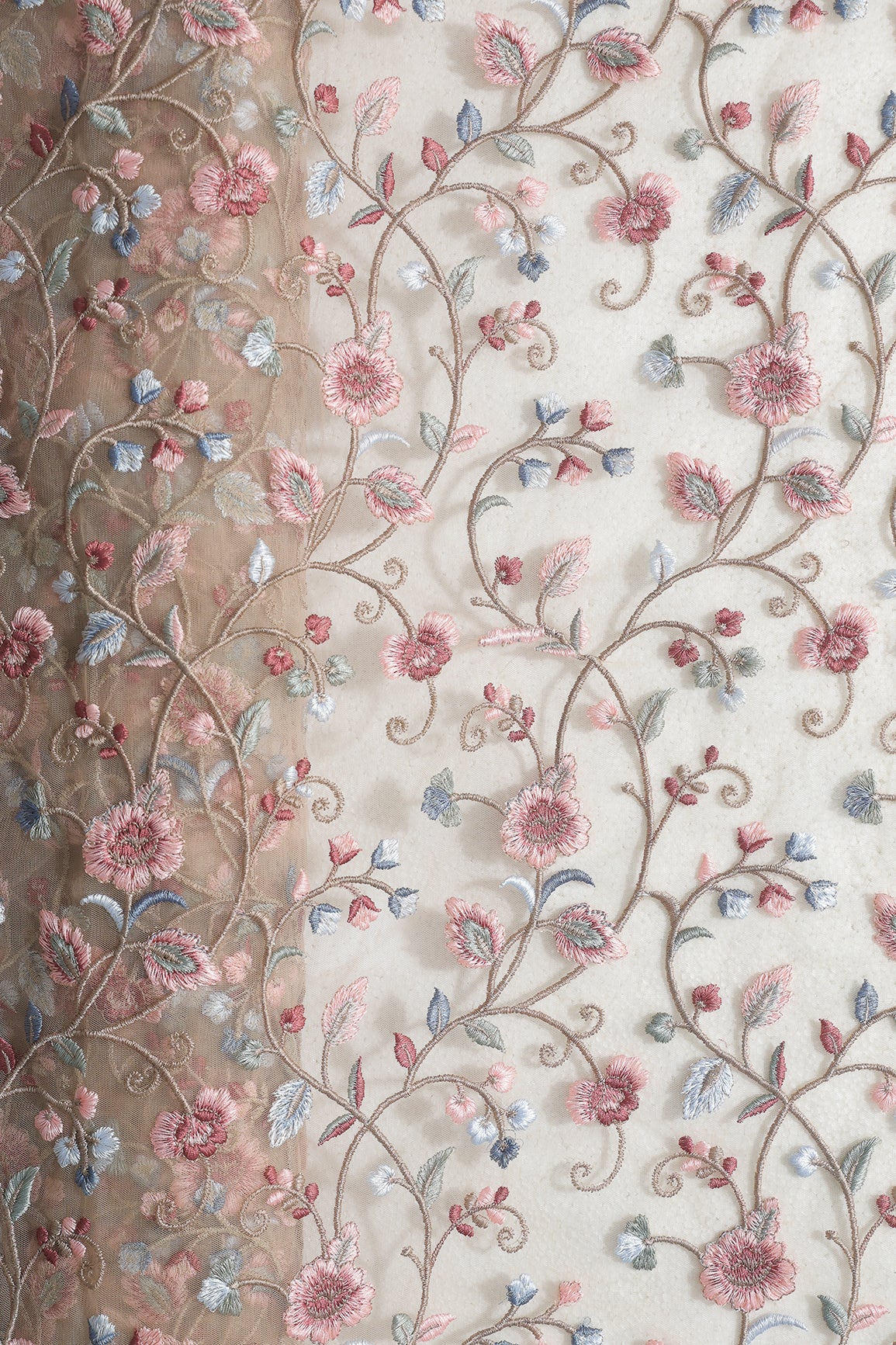 Multi Colour Floral Thread Embroidery Work On Beige Soft Net Fabric