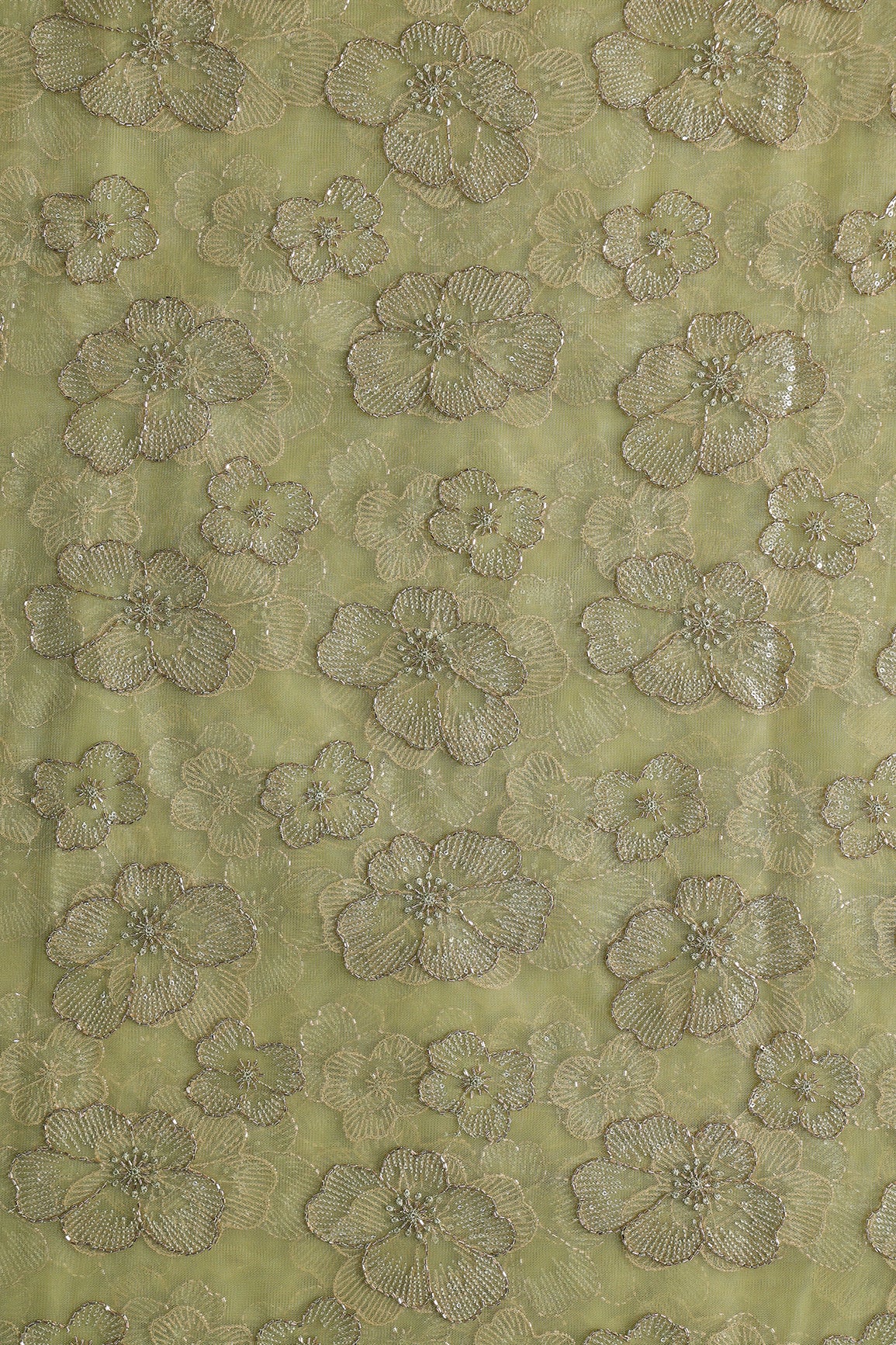 Floral Water Sequins Tone To Tone Embroidery On Olive Green Soft Net Fabric