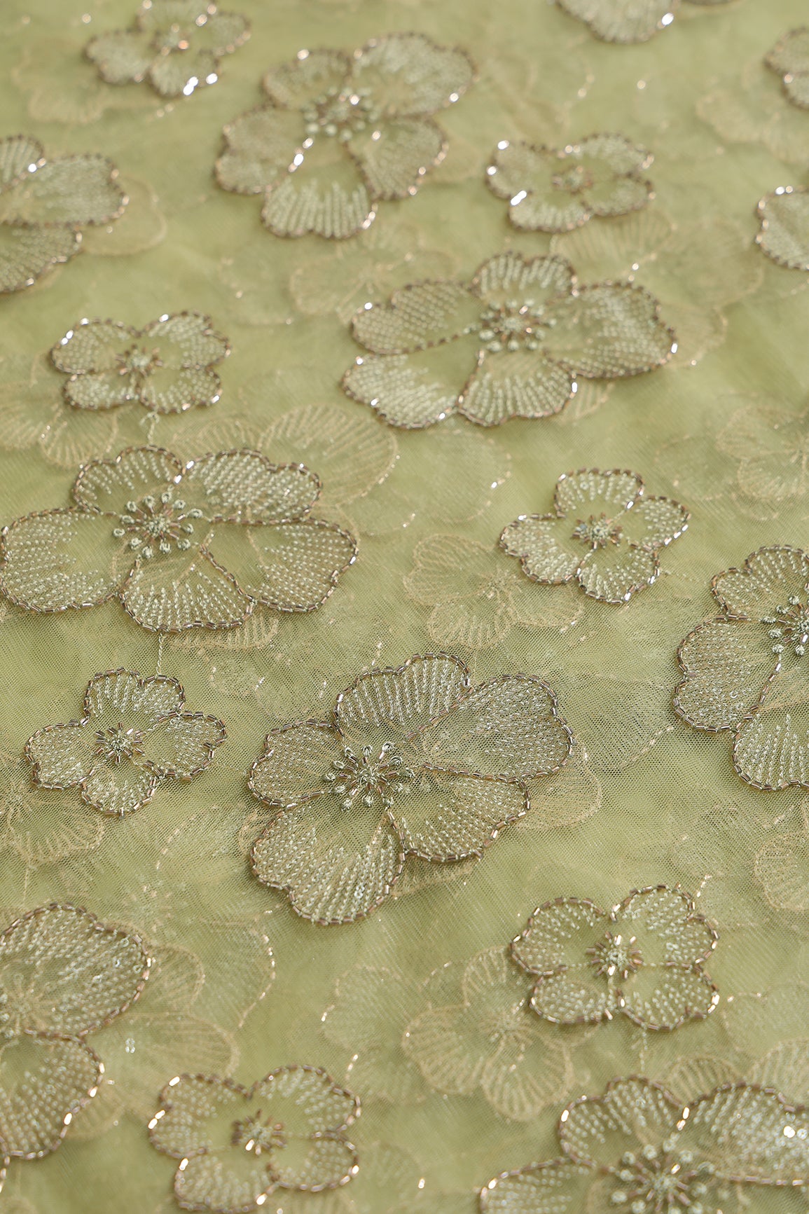 Floral Water Sequins Tone To Tone Embroidery On Olive Green Soft Net Fabric