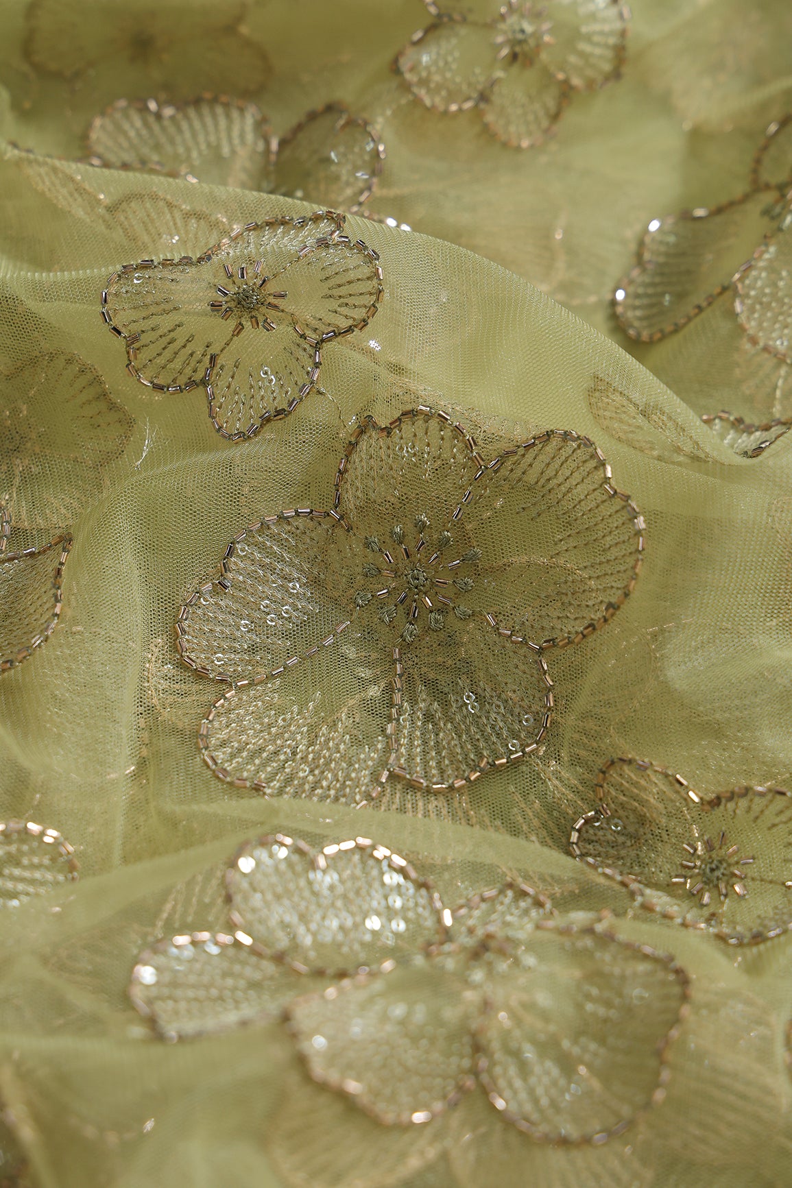 Floral Water Sequins Tone To Tone Embroidery On Olive Green Soft Net Fabric