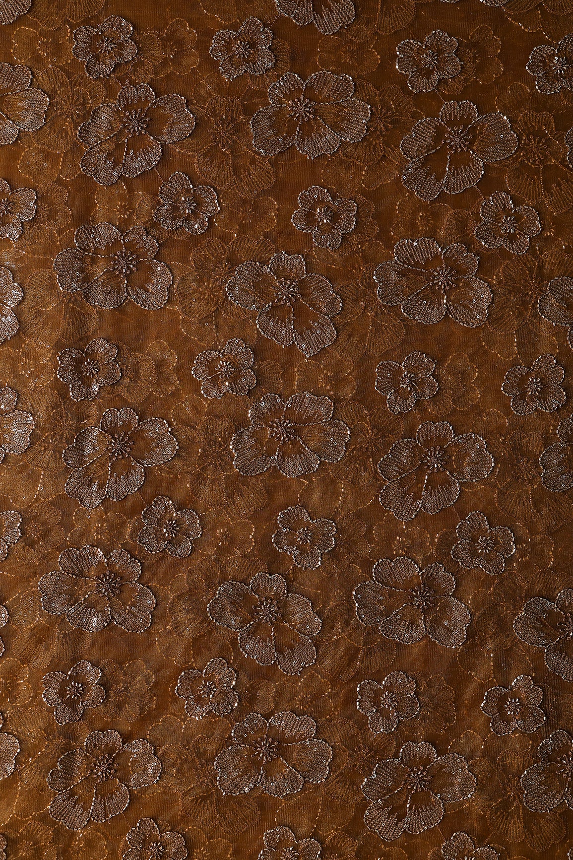 Floral Water Sequins Tone To Tone Embroidery On Brown Soft Net Fabric
