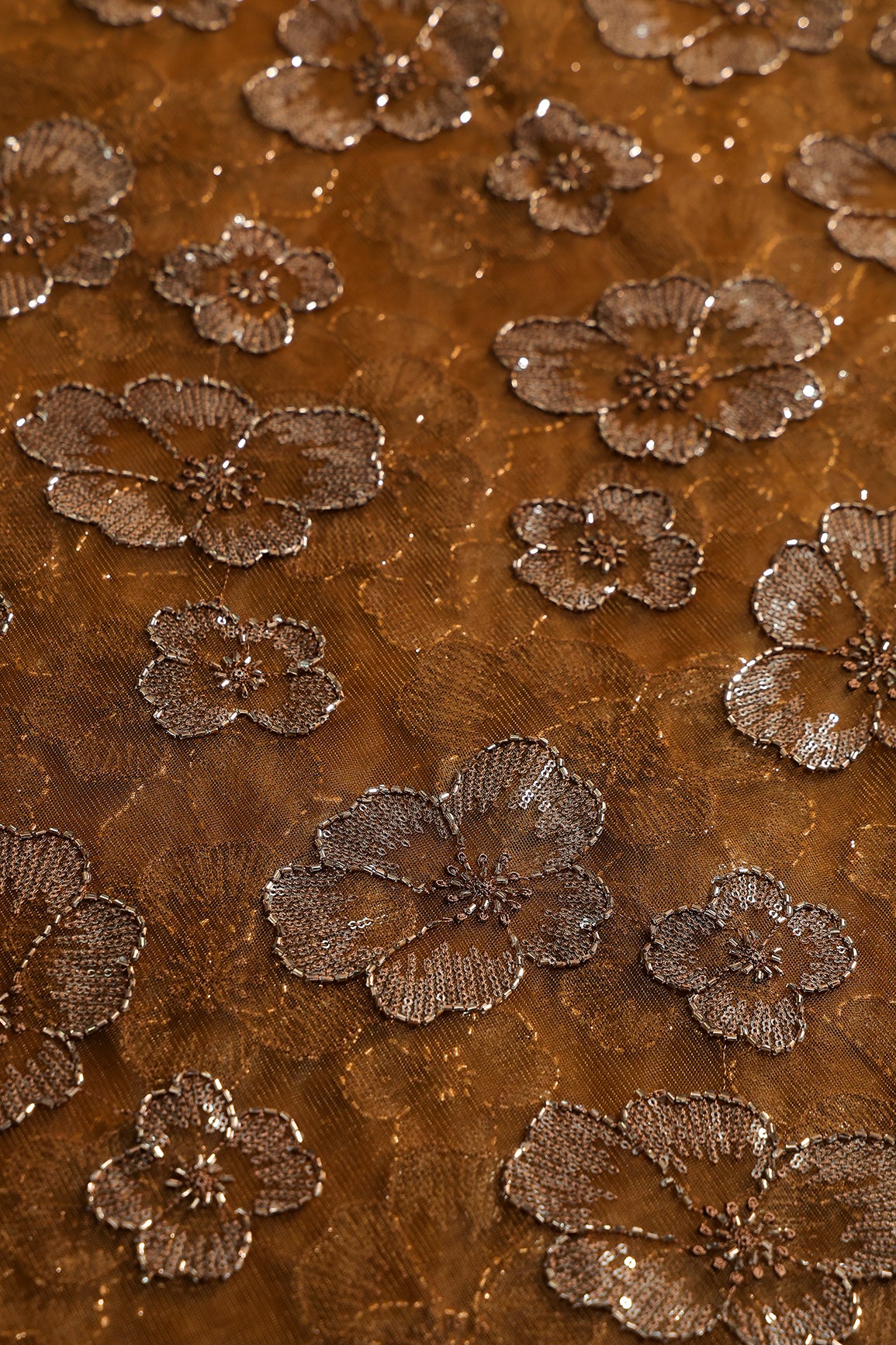 Floral Water Sequins Tone To Tone Embroidery On Brown Soft Net Fabric