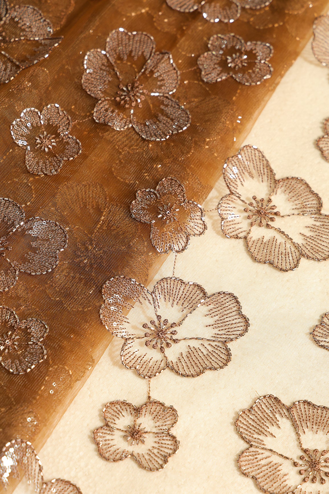 Floral Water Sequins Tone To Tone Embroidery On Brown Soft Net Fabric