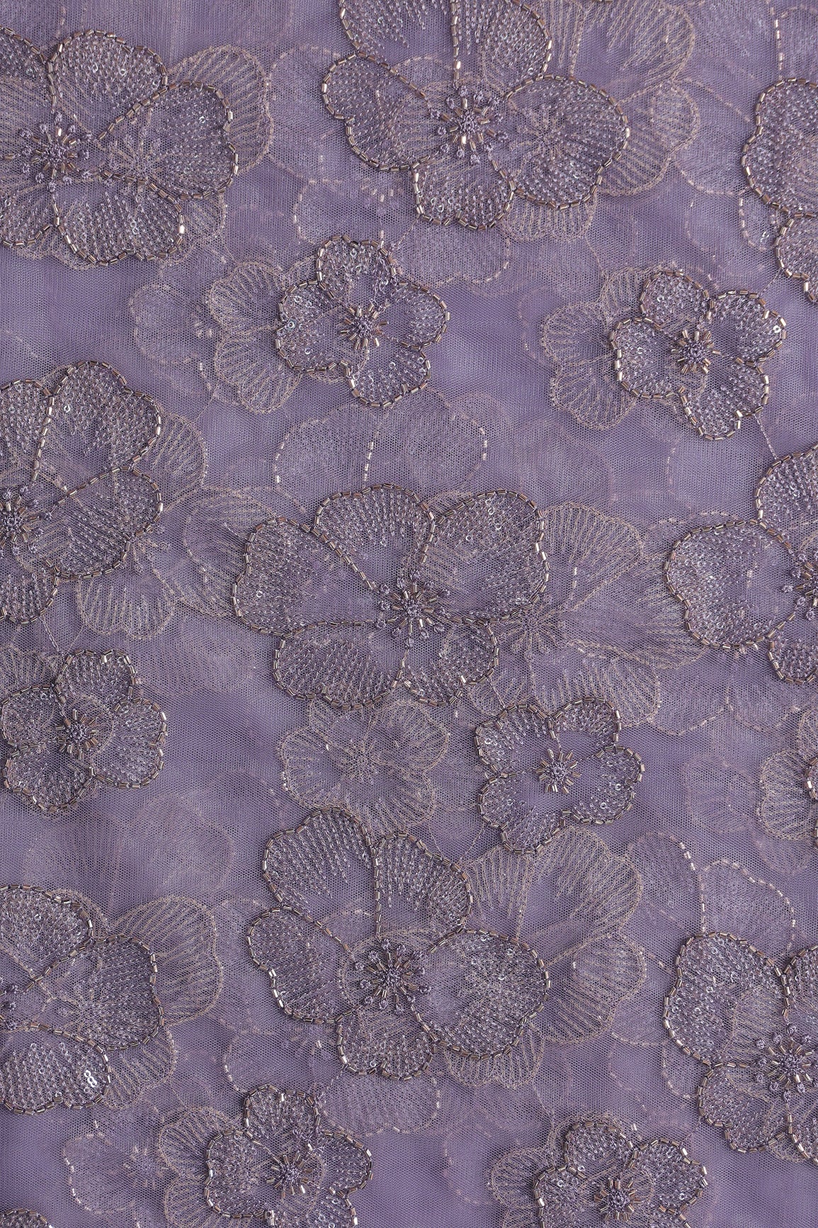 Floral Water Sequins Tone To Tone Embroidery On Lavender Soft Net Fabric