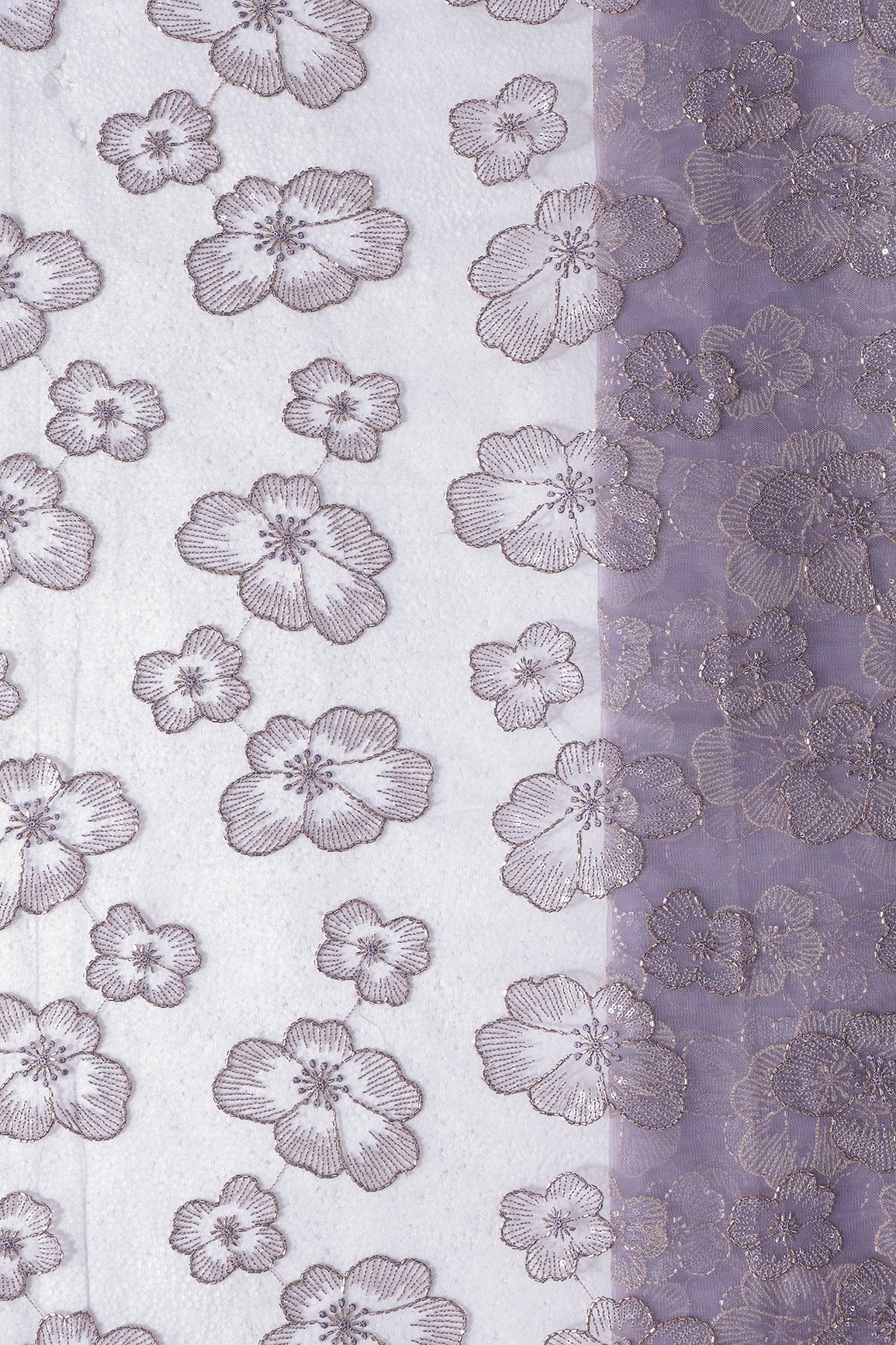 Floral Water Sequins Tone To Tone Embroidery On Lavender Soft Net Fabric