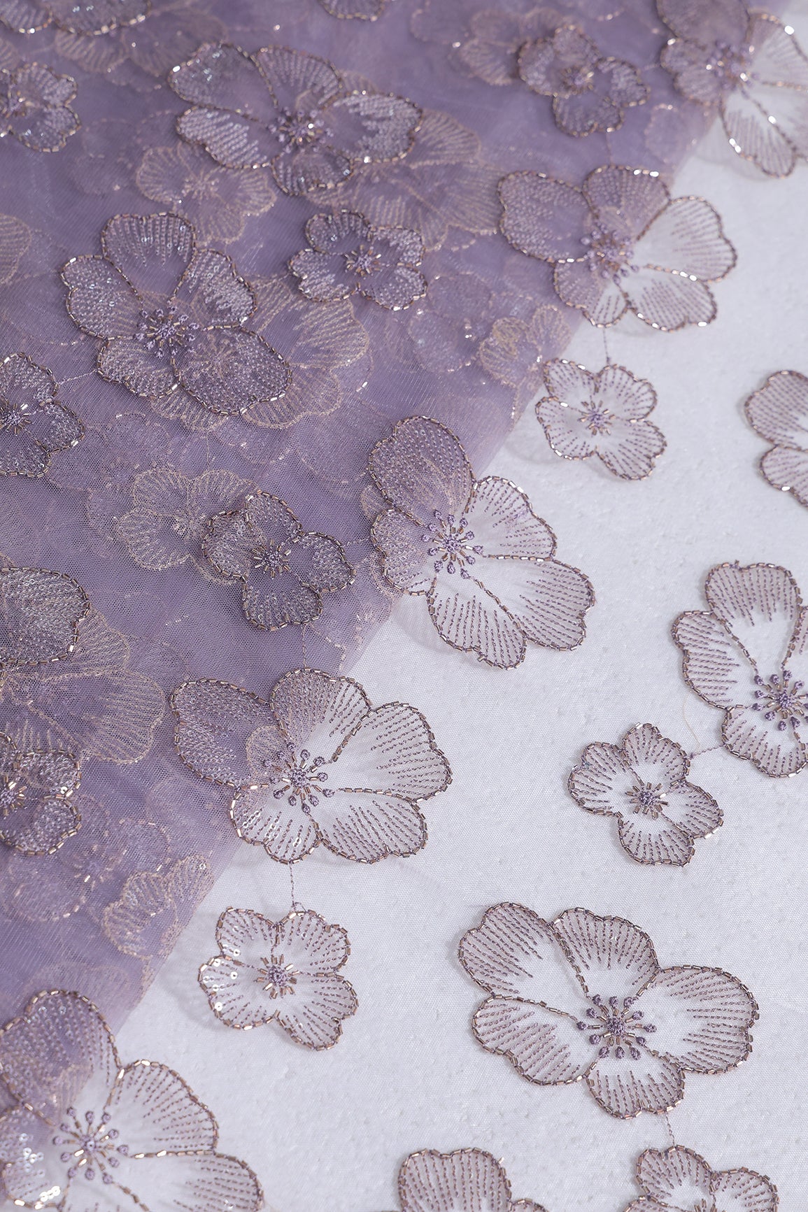 Floral Water Sequins Tone To Tone Embroidery On Lavender Soft Net Fabric