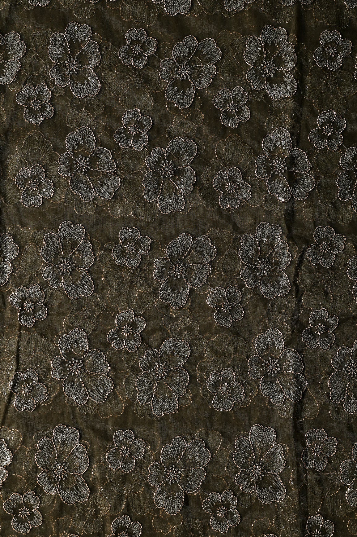 Floral Water Sequins Tone To Tone Embroidery On Mehndi Green Soft Net Fabric