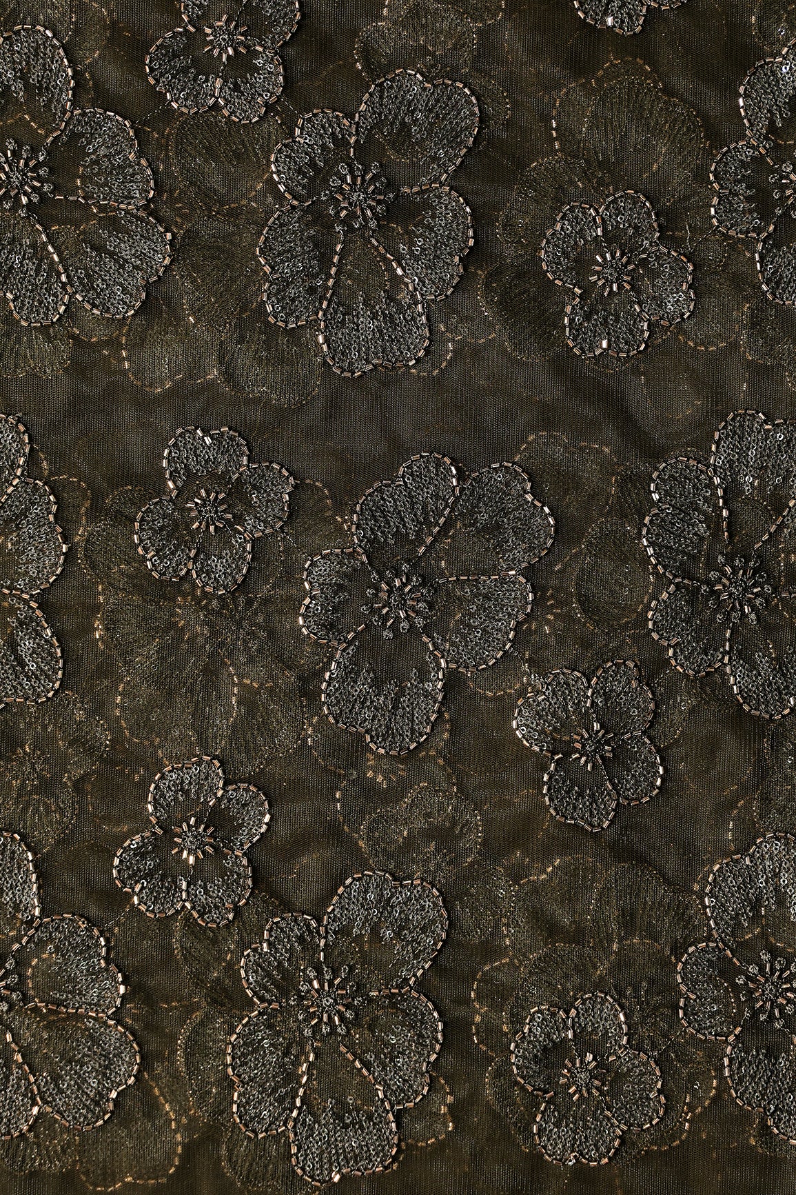 Floral Water Sequins Tone To Tone Embroidery On Mehndi Green Soft Net Fabric