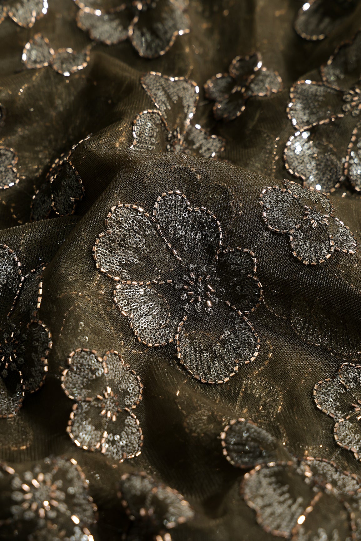 Floral Water Sequins Tone To Tone Embroidery On Mehndi Green Soft Net Fabric