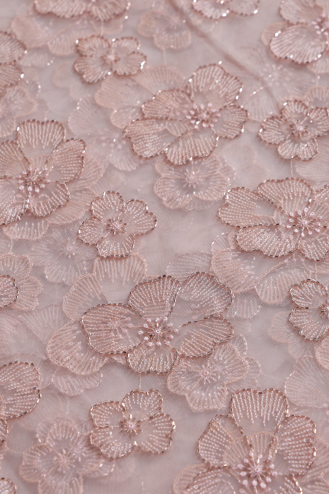 Floral Water Sequins Tone To Tone Embroidery On Peach Soft Net Fabric