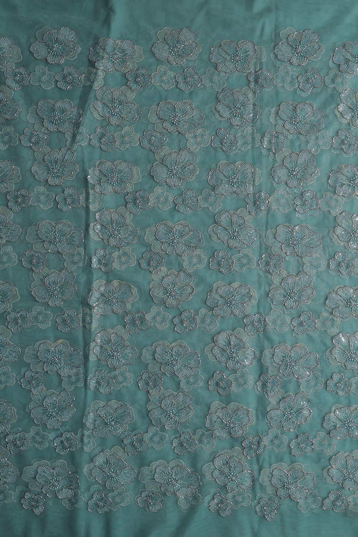 Floral Water Sequins Tone To Tone Embroidery On Teal Soft Net Fabric