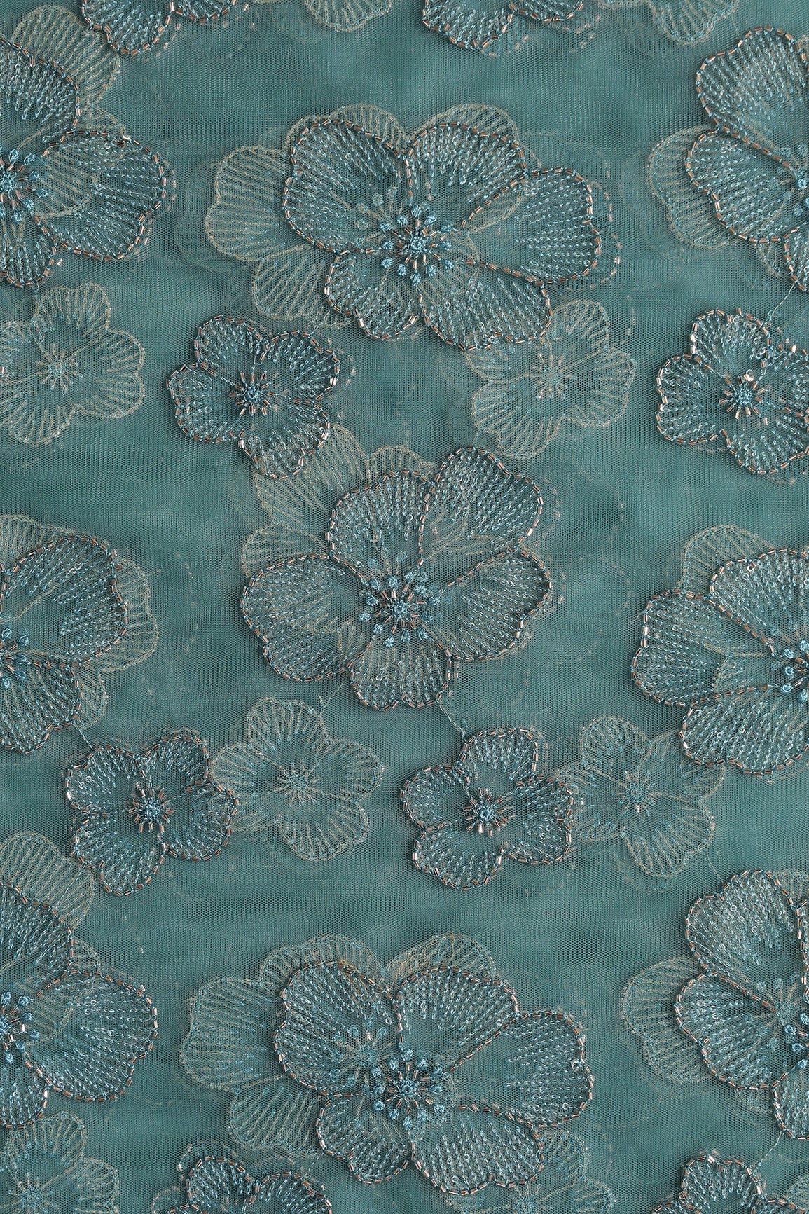 Floral Water Sequins Tone To Tone Embroidery On Teal Soft Net Fabric
