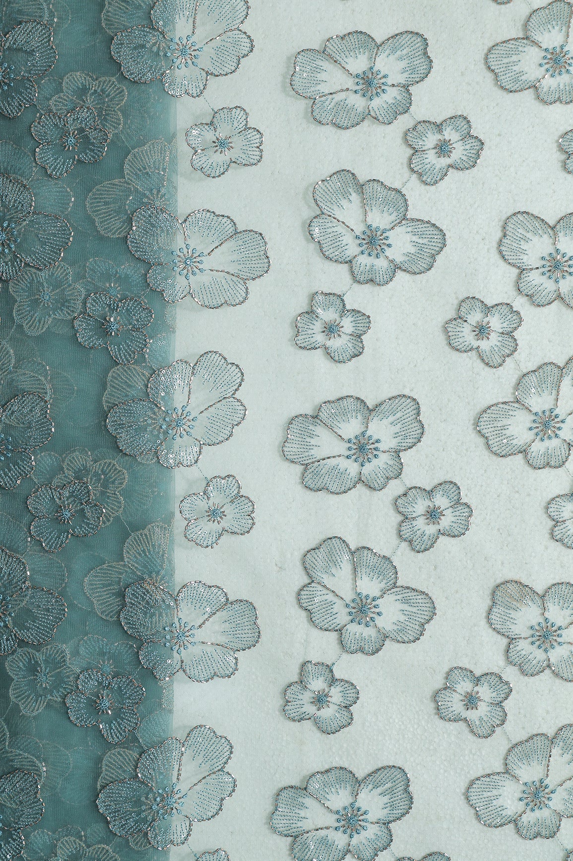 Floral Water Sequins Tone To Tone Embroidery On Teal Soft Net Fabric