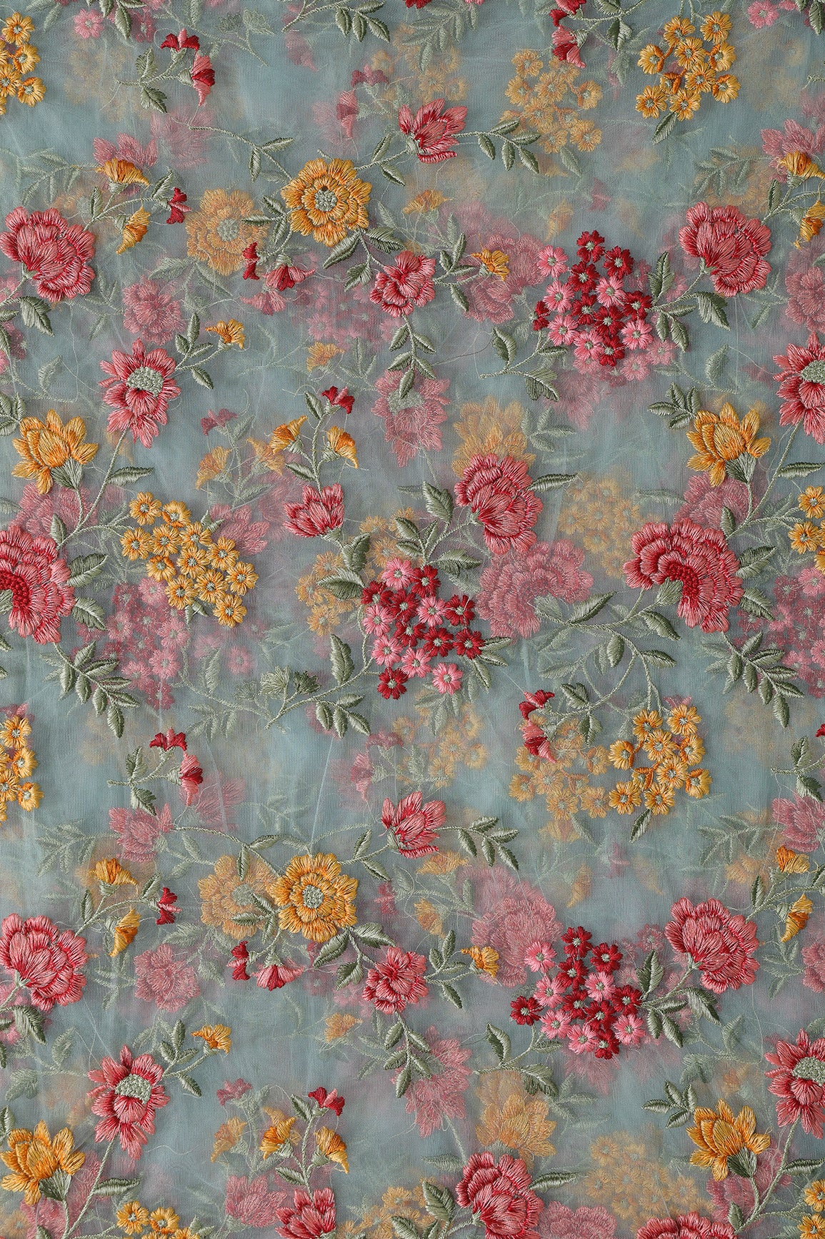 Multi Colour Floral Thread Embroidery Work On Sky Blue Soft Net Fabric