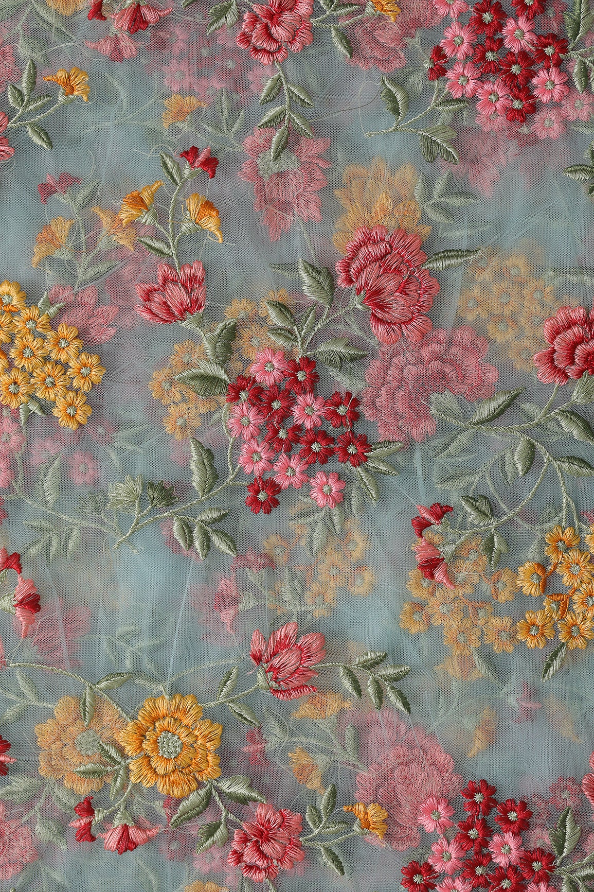 Multi Colour Floral Thread Embroidery Work On Sky Blue Soft Net Fabric