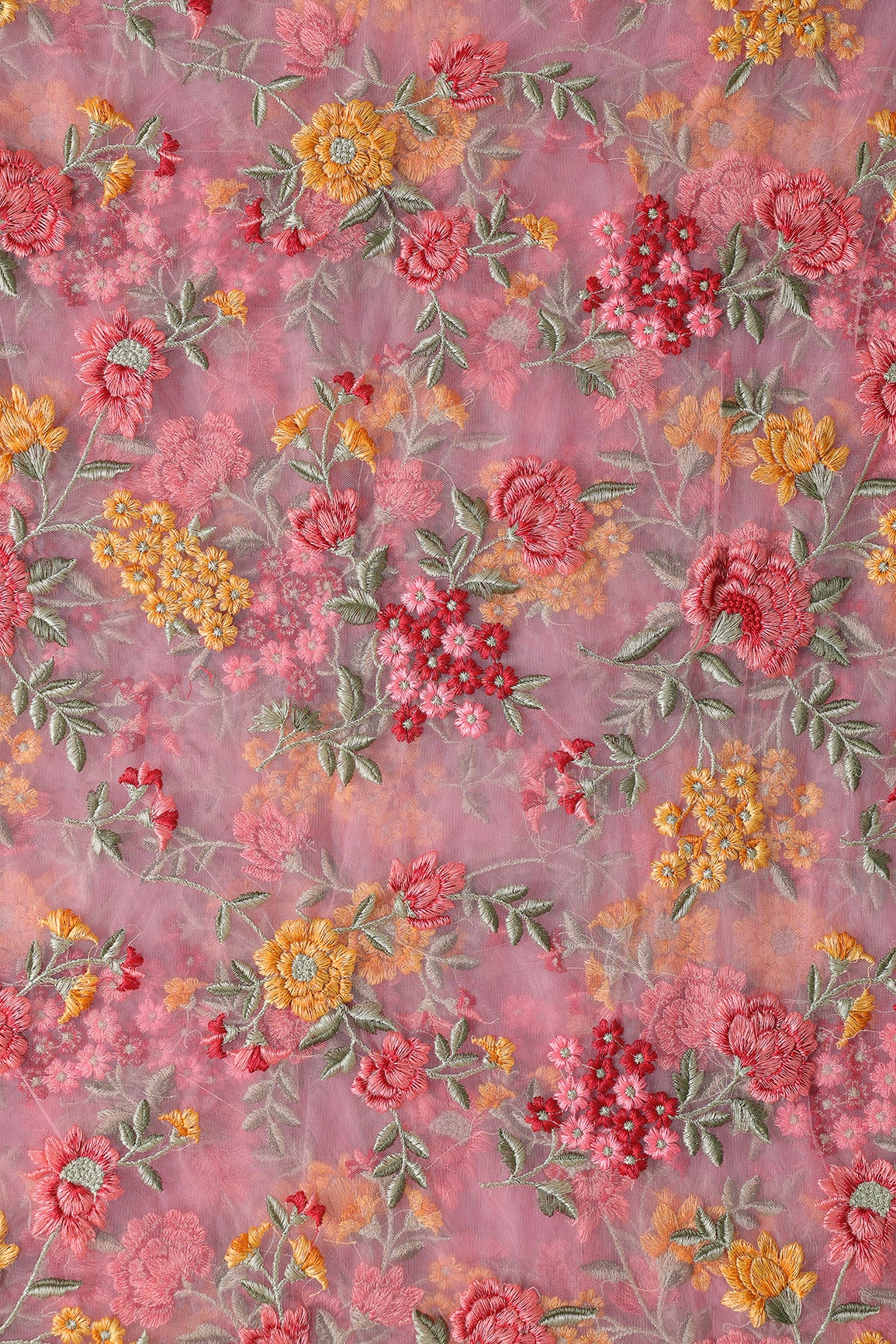 Multi Colour Floral Thread Embroidery Work On Pink Soft Net Fabric