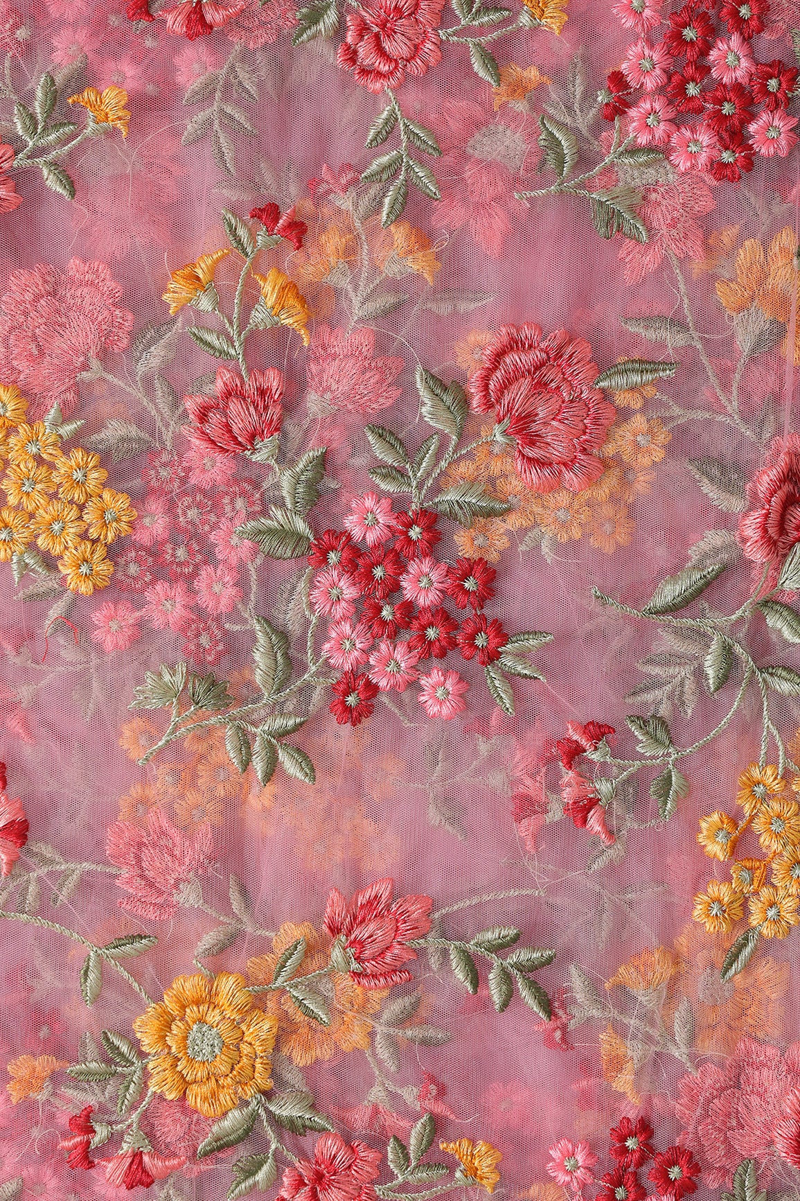 Multi Colour Floral Thread Embroidery Work On Pink Soft Net Fabric