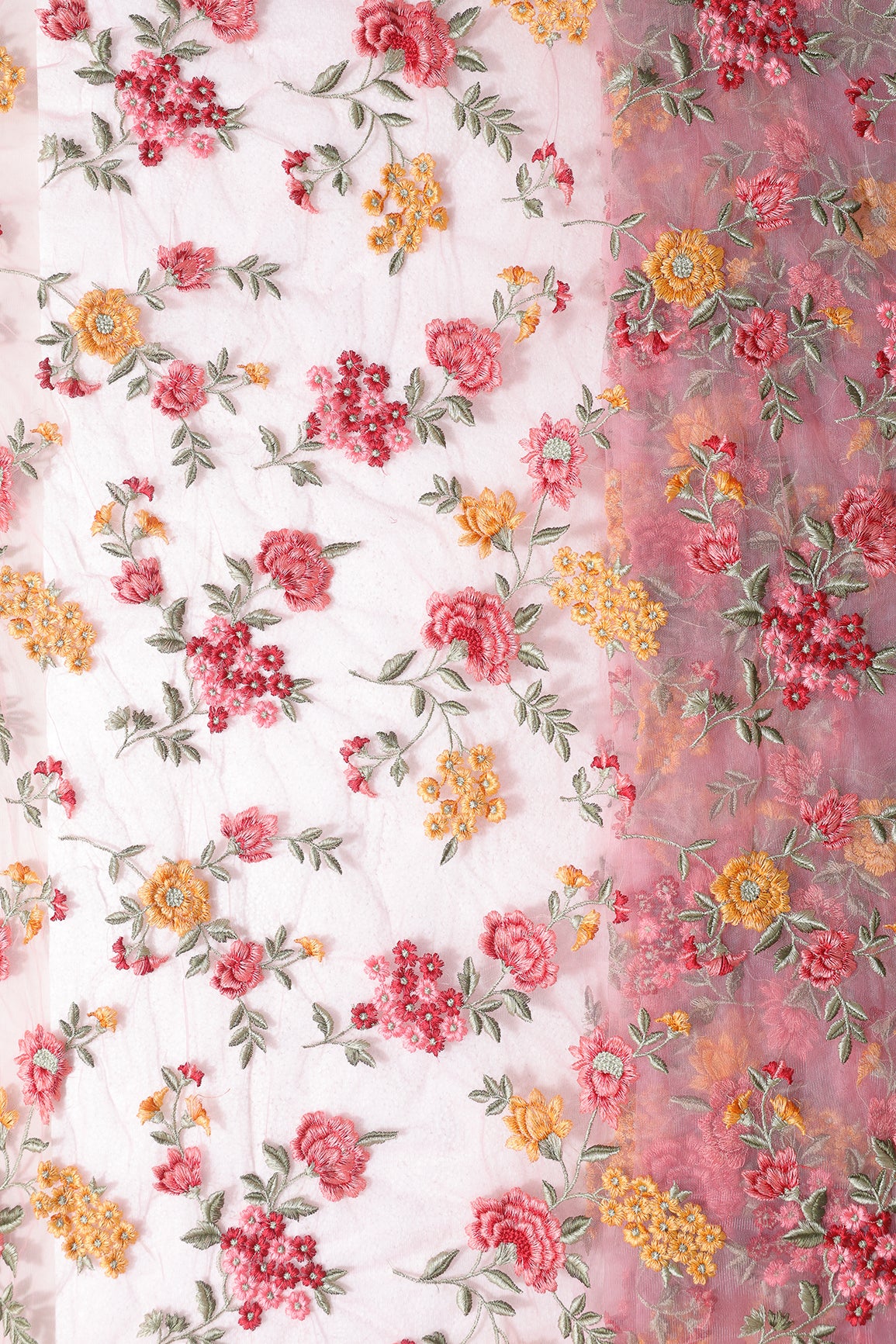 Multi Colour Floral Thread Embroidery Work On Pink Soft Net Fabric