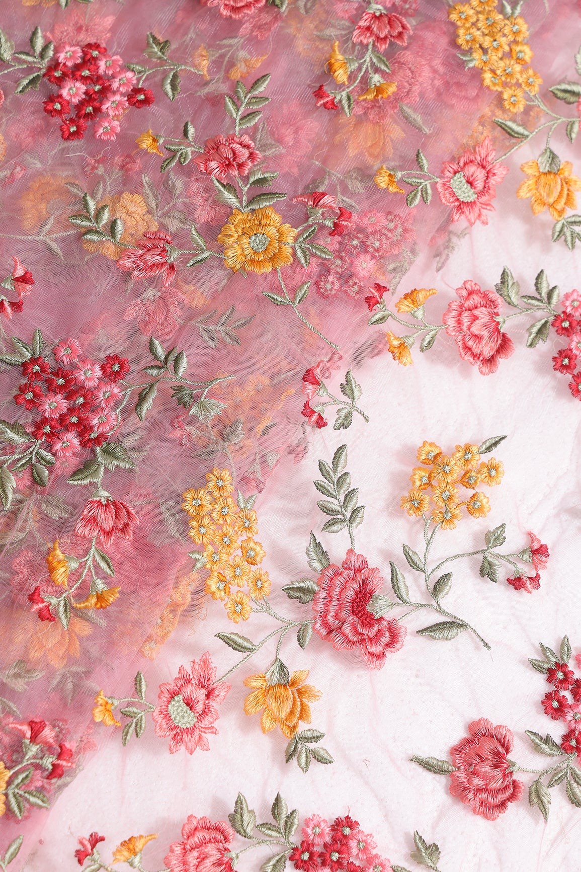 Multi Colour Floral Thread Embroidery Work On Pink Soft Net Fabric