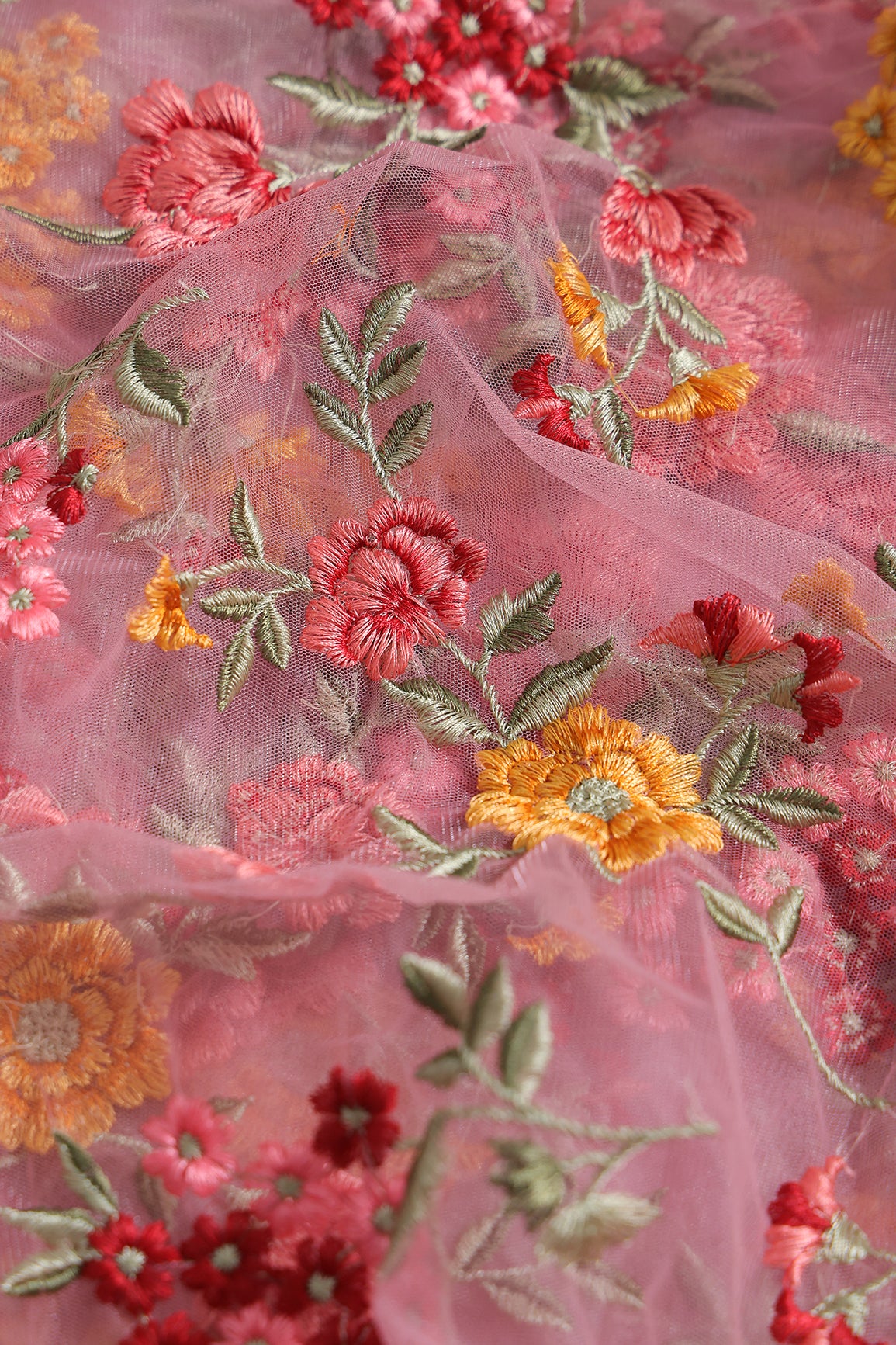 Multi Colour Floral Thread Embroidery Work On Pink Soft Net Fabric