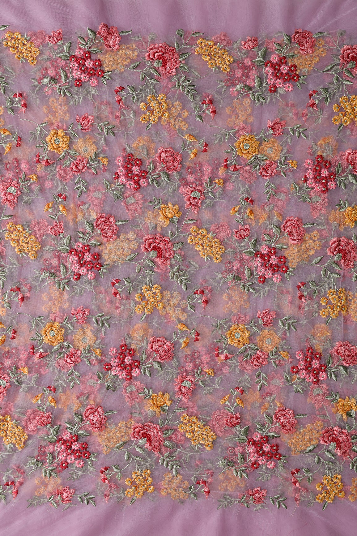 Multi Colour Floral Thread Embroidery Work On Lilac Soft Net Fabric