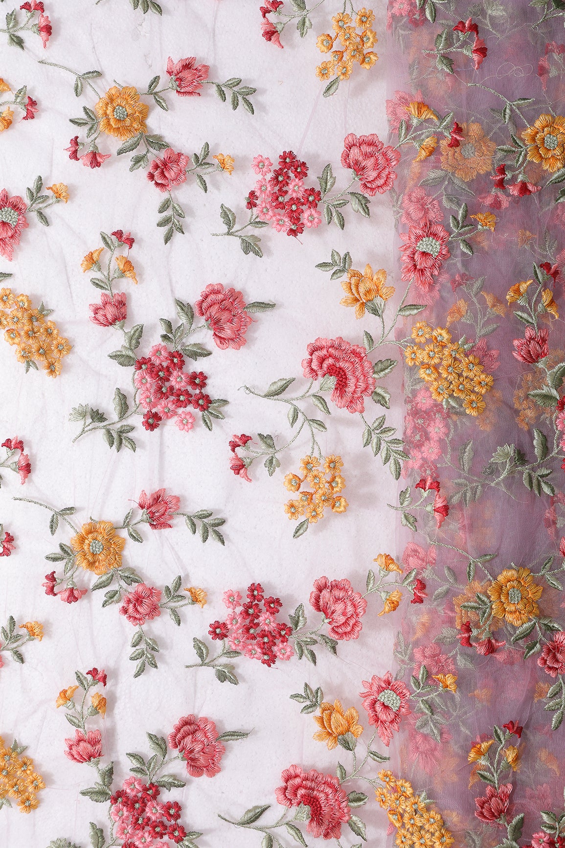 Multi Colour Floral Thread Embroidery Work On Lilac Soft Net Fabric