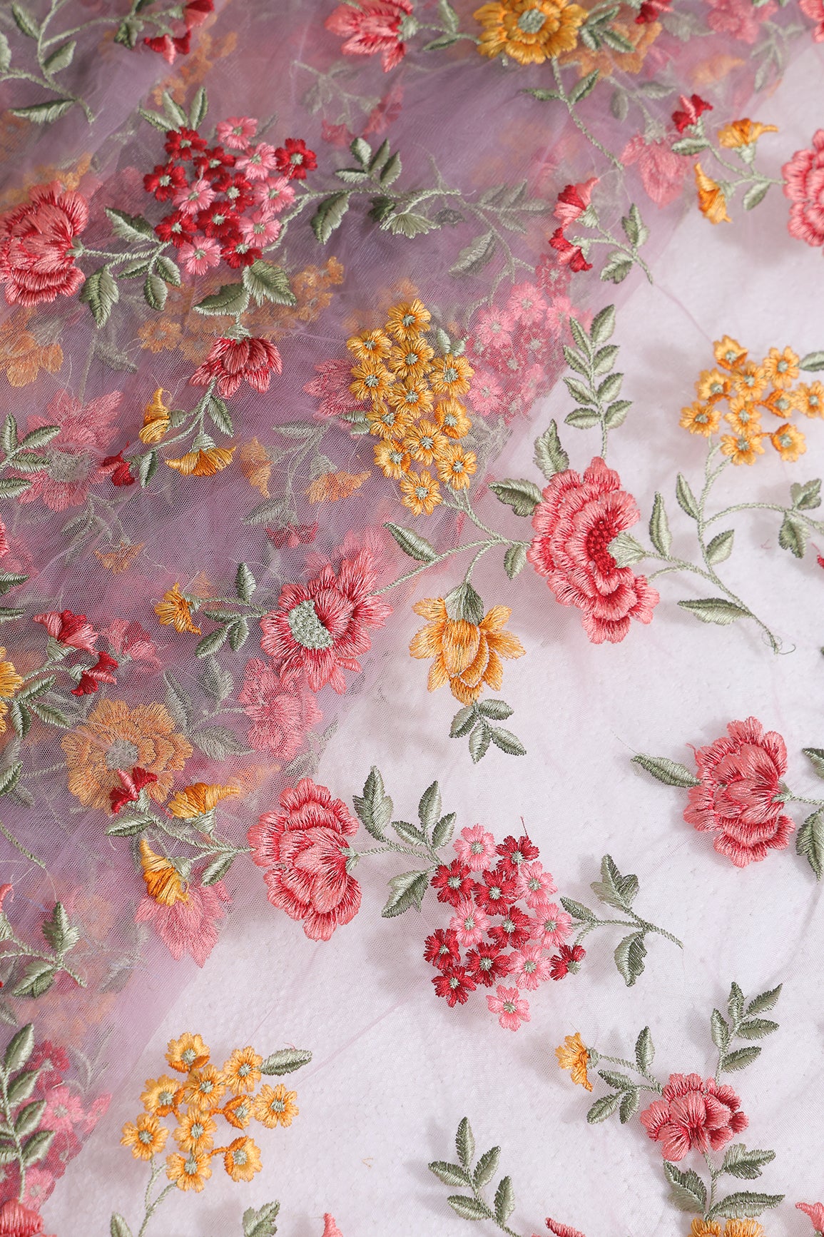 Multi Colour Floral Thread Embroidery Work On Lilac Soft Net Fabric