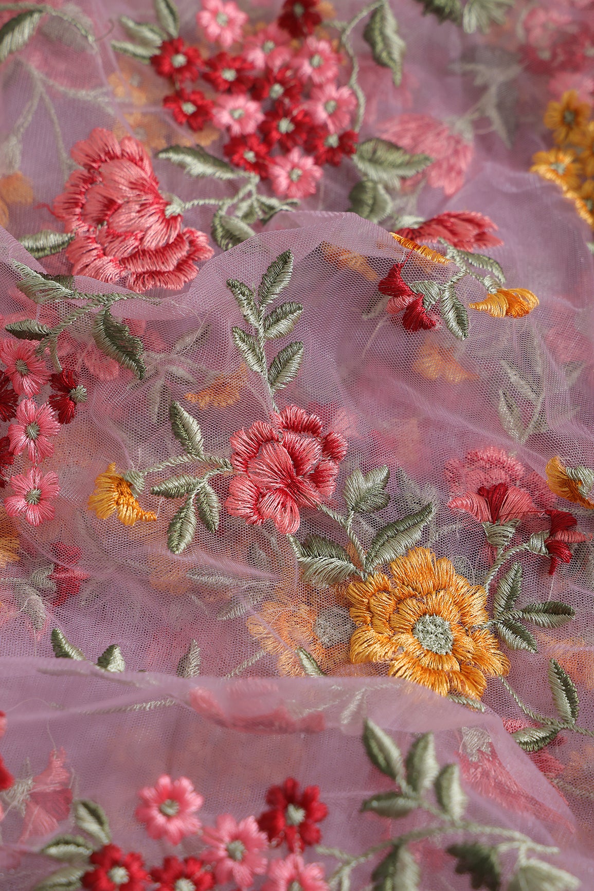 Multi Colour Floral Thread Embroidery Work On Lilac Soft Net Fabric