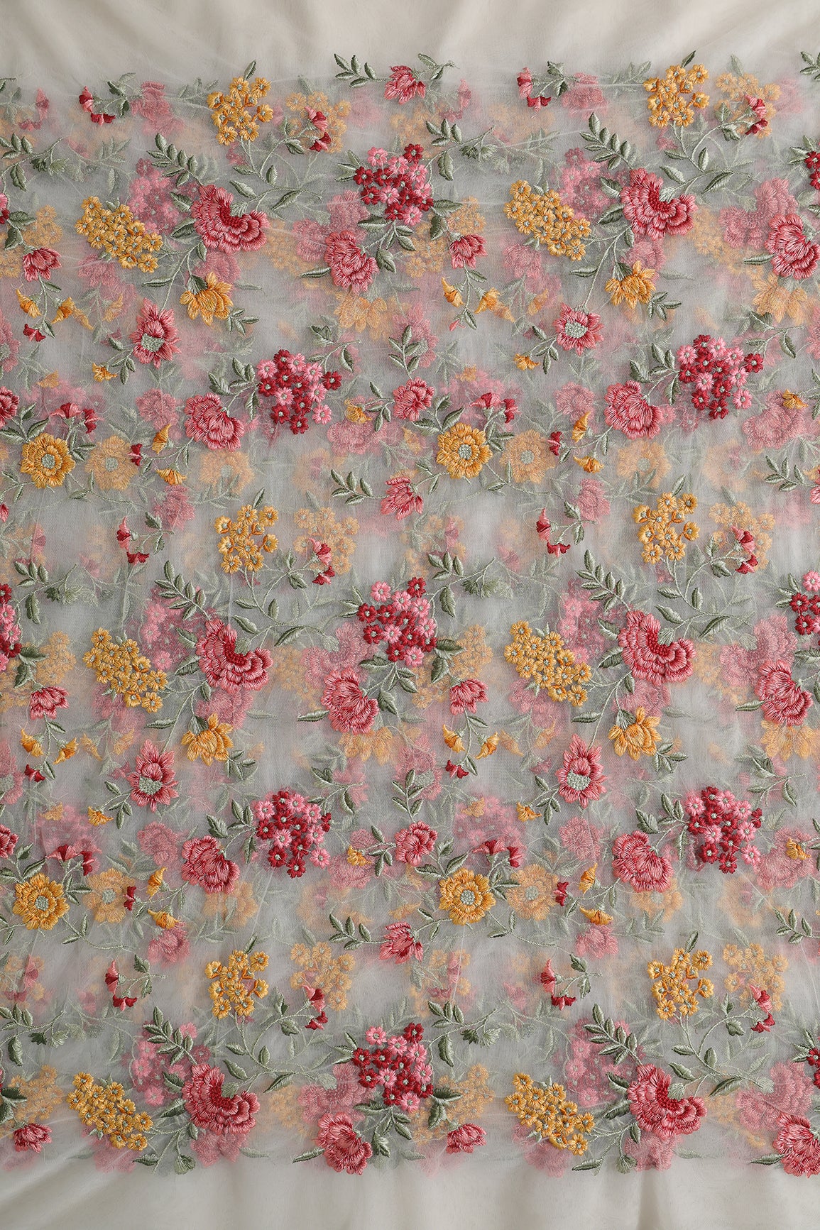 Multi Colour Floral Thread Embroidery Work On White Soft Net Fabric