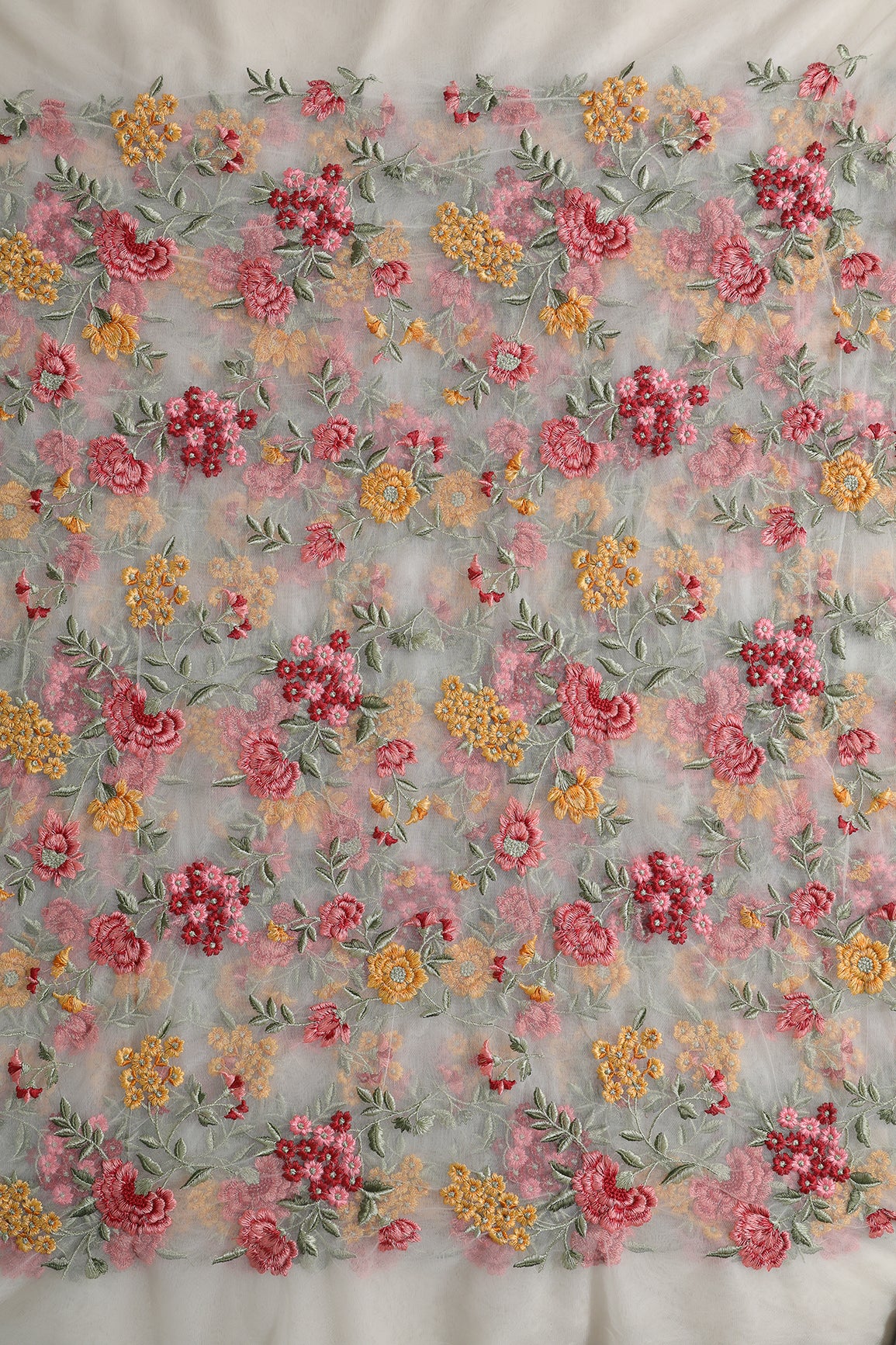 Multi Colour Floral Thread Embroidery Work On White Soft Net Fabric