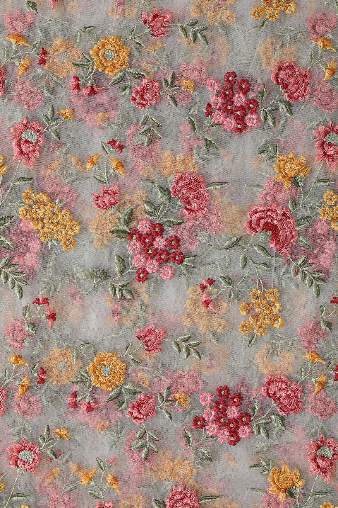 Multi Colour Floral Thread Embroidery Work On White Soft Net Fabric