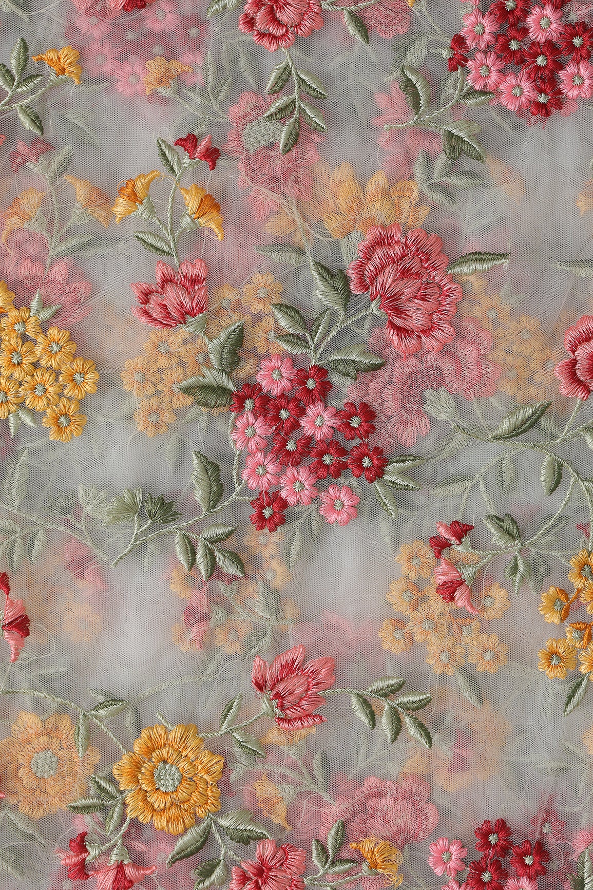 Multi Colour Floral Thread Embroidery Work On White Soft Net Fabric