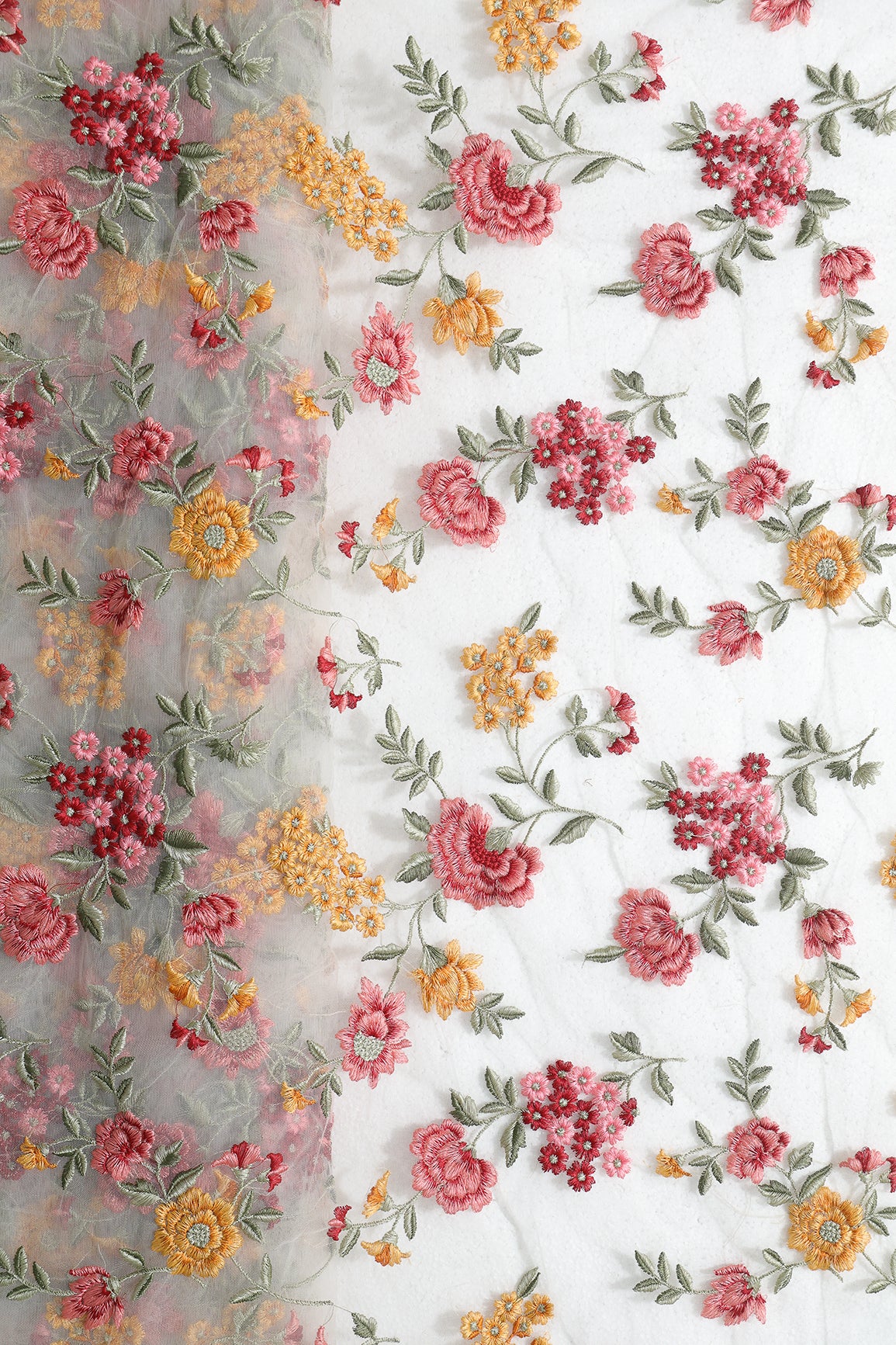 Multi Colour Floral Thread Embroidery Work On White Soft Net Fabric