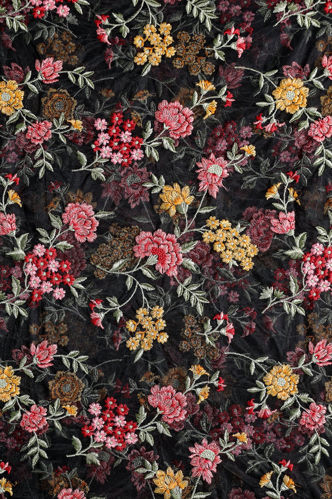 Multi Colour Floral Thread Embroidery Work On Black Soft Net Fabric