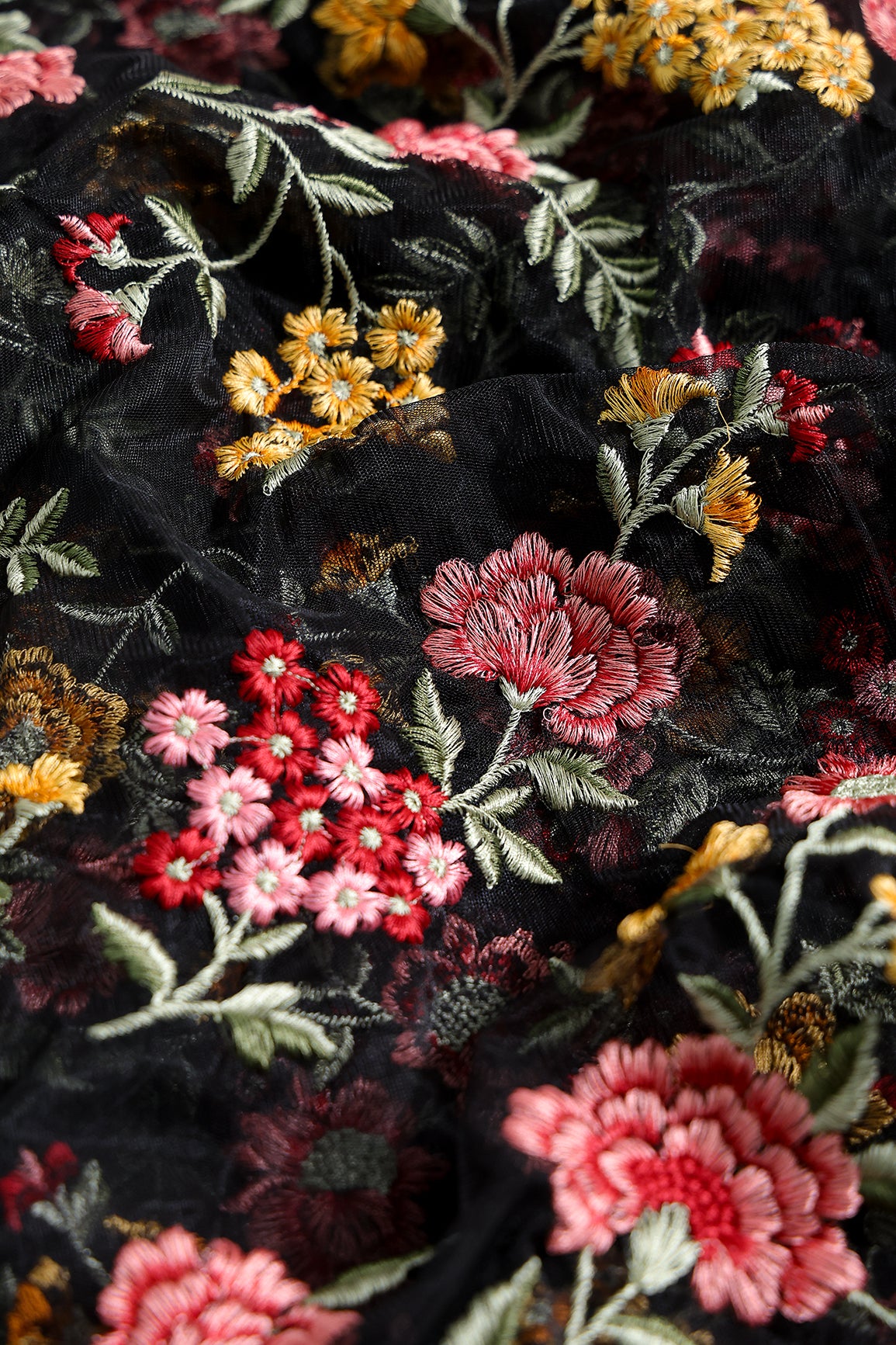 Multi Colour Floral Thread Embroidery Work On Black Soft Net Fabric
