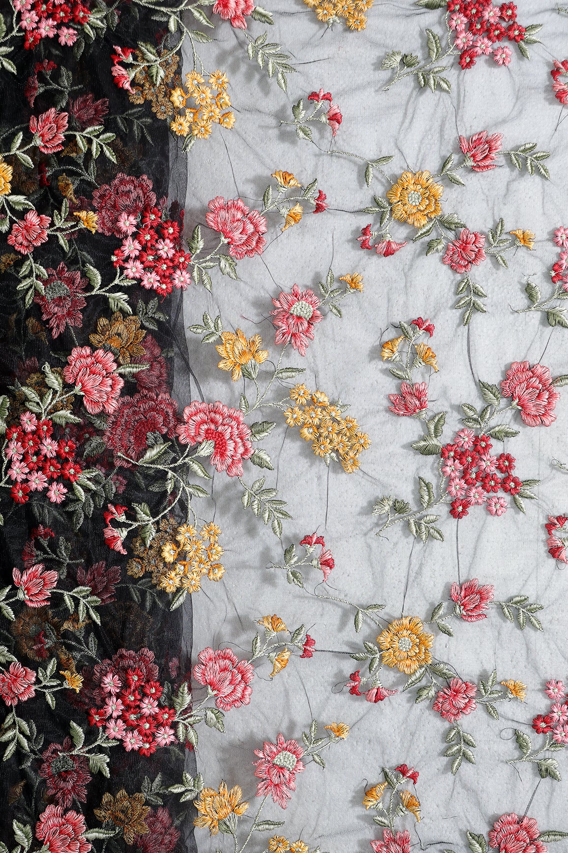 Multi Colour Floral Thread Embroidery Work On Black Soft Net Fabric