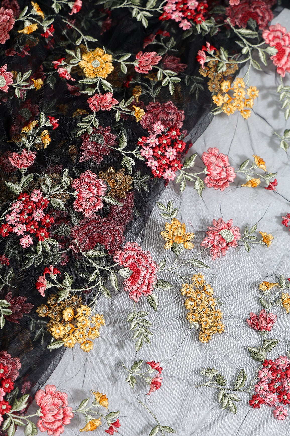 Multi Colour Floral Thread Embroidery Work On Black Soft Net Fabric