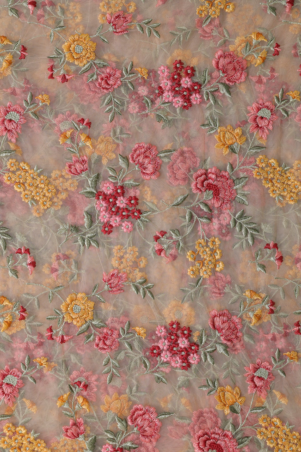 Multi Colour Floral Thread Embroidery Work On Beige Soft Net Fabric