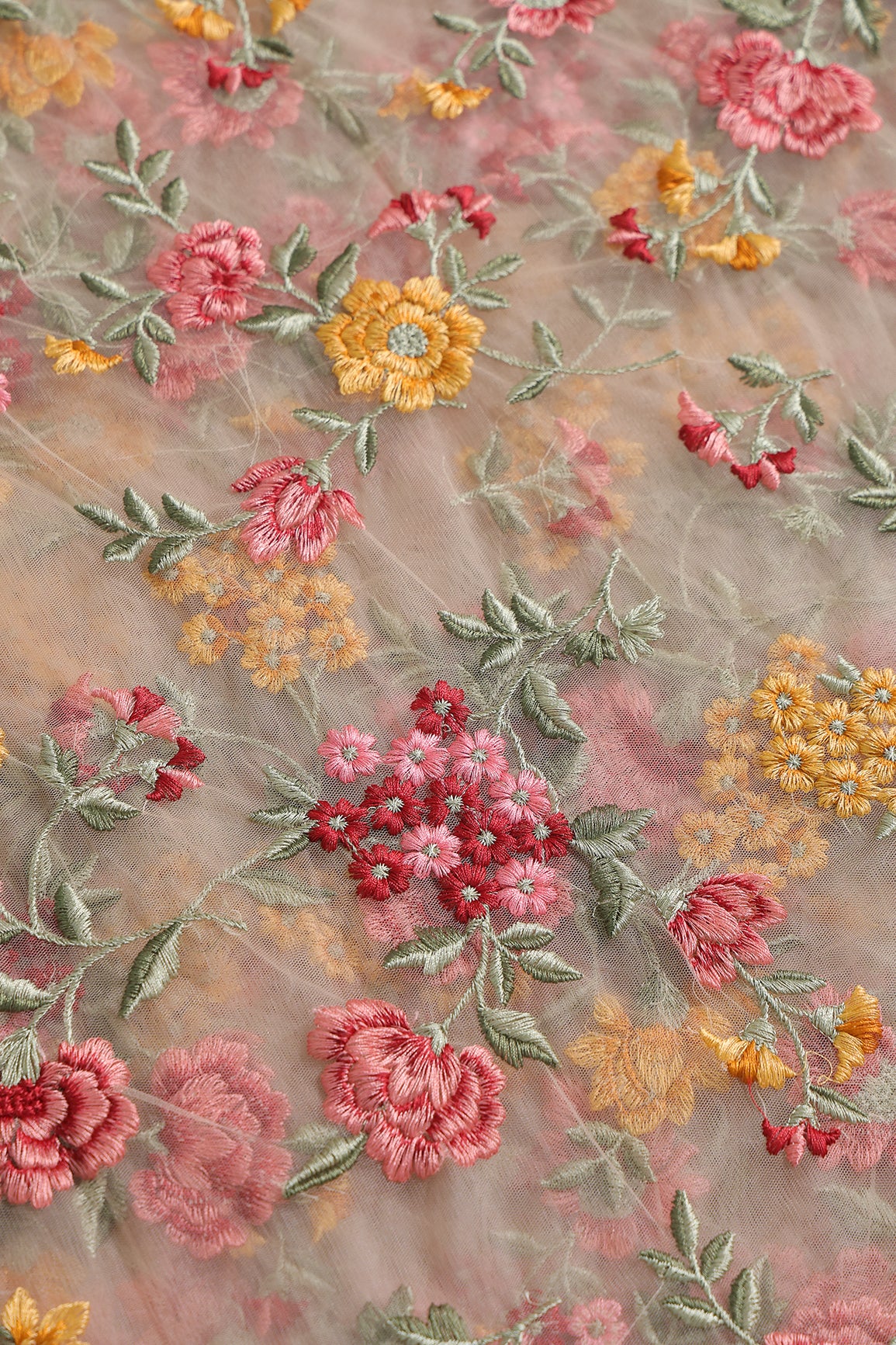 Multi Colour Floral Thread Embroidery Work On Beige Soft Net Fabric