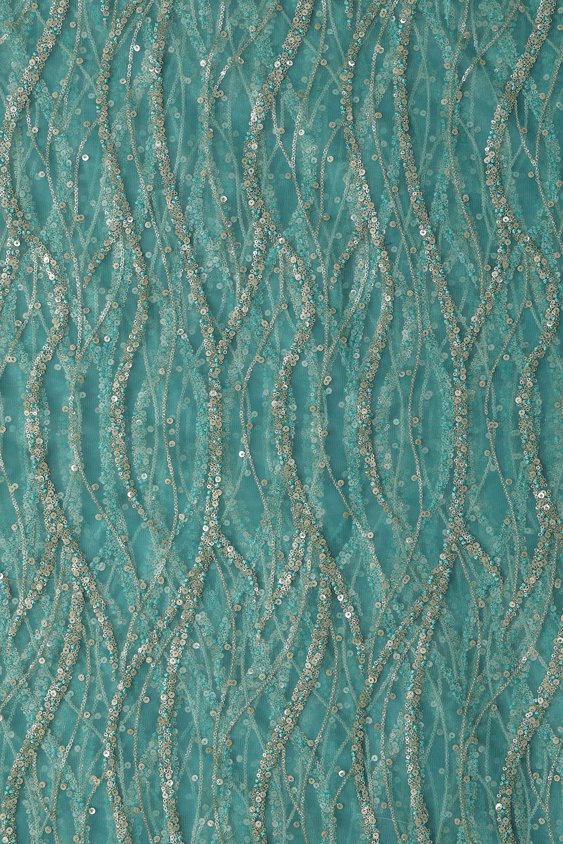 Gold And Silver Sequins With Teal Thread Wavy Embroidery Work On Teal Soft Net Fabric