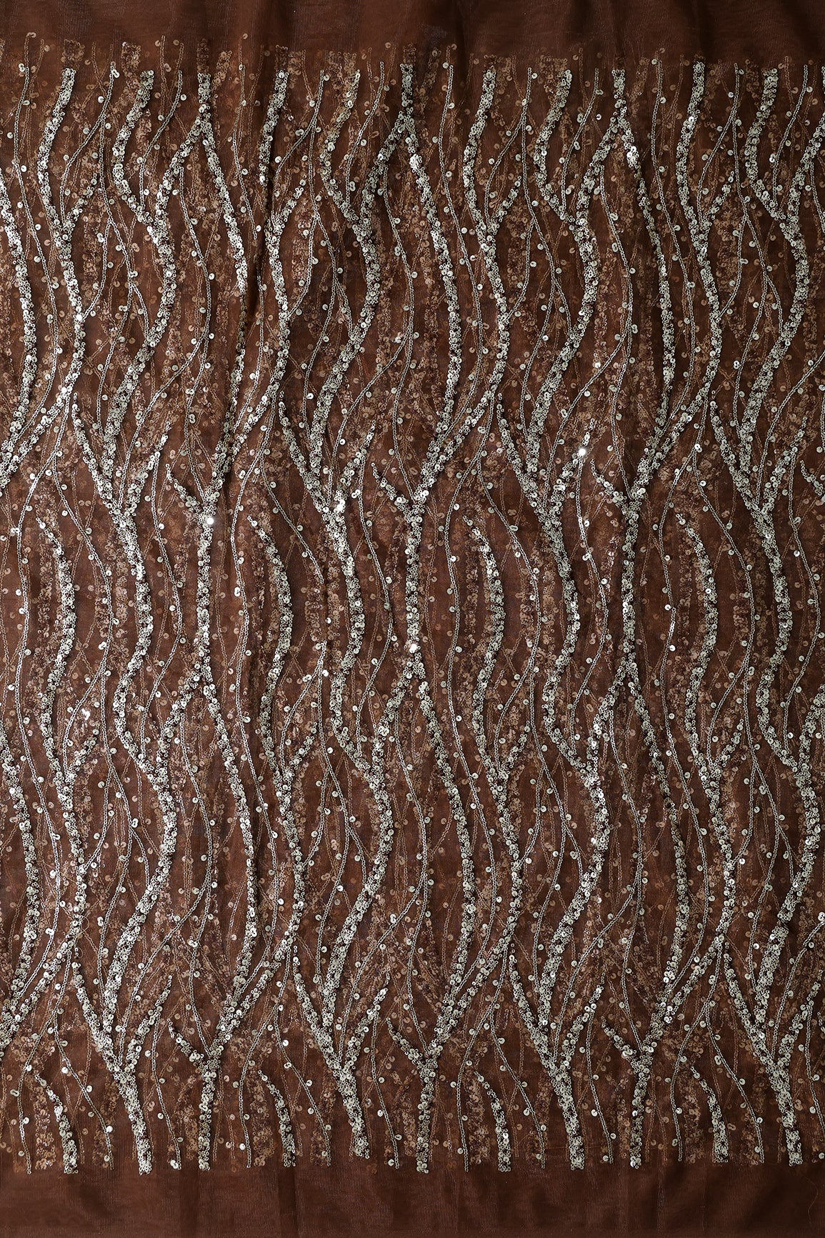 Gold And Silver Sequins With Coffee Thread Wavy Embroidery Work On Coffee Soft Net Fabric