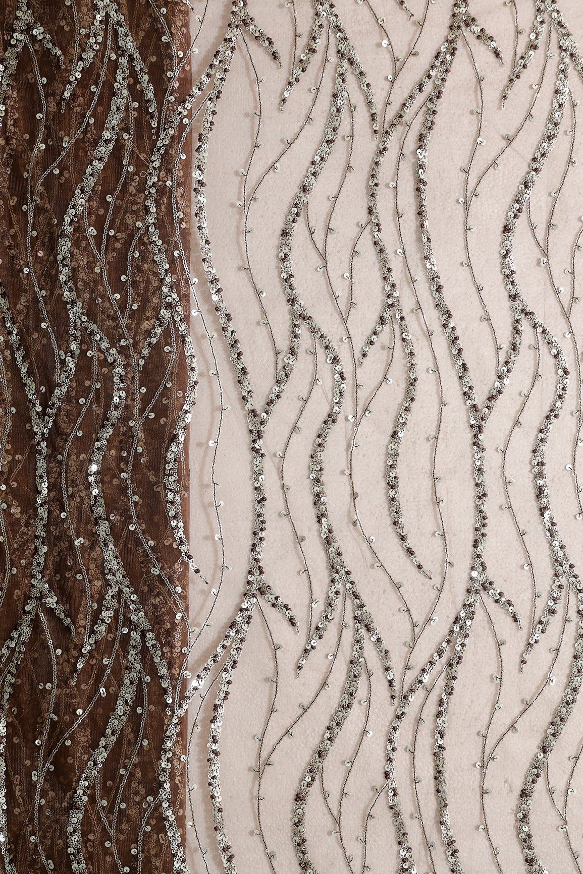 Gold And Silver Sequins With Coffee Thread Wavy Embroidery Work On Coffee Soft Net Fabric
