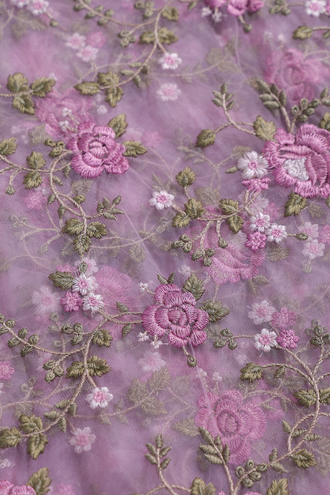 Multi Colour Floral Thread Embroidery Work On Lilac Soft Net Fabric
